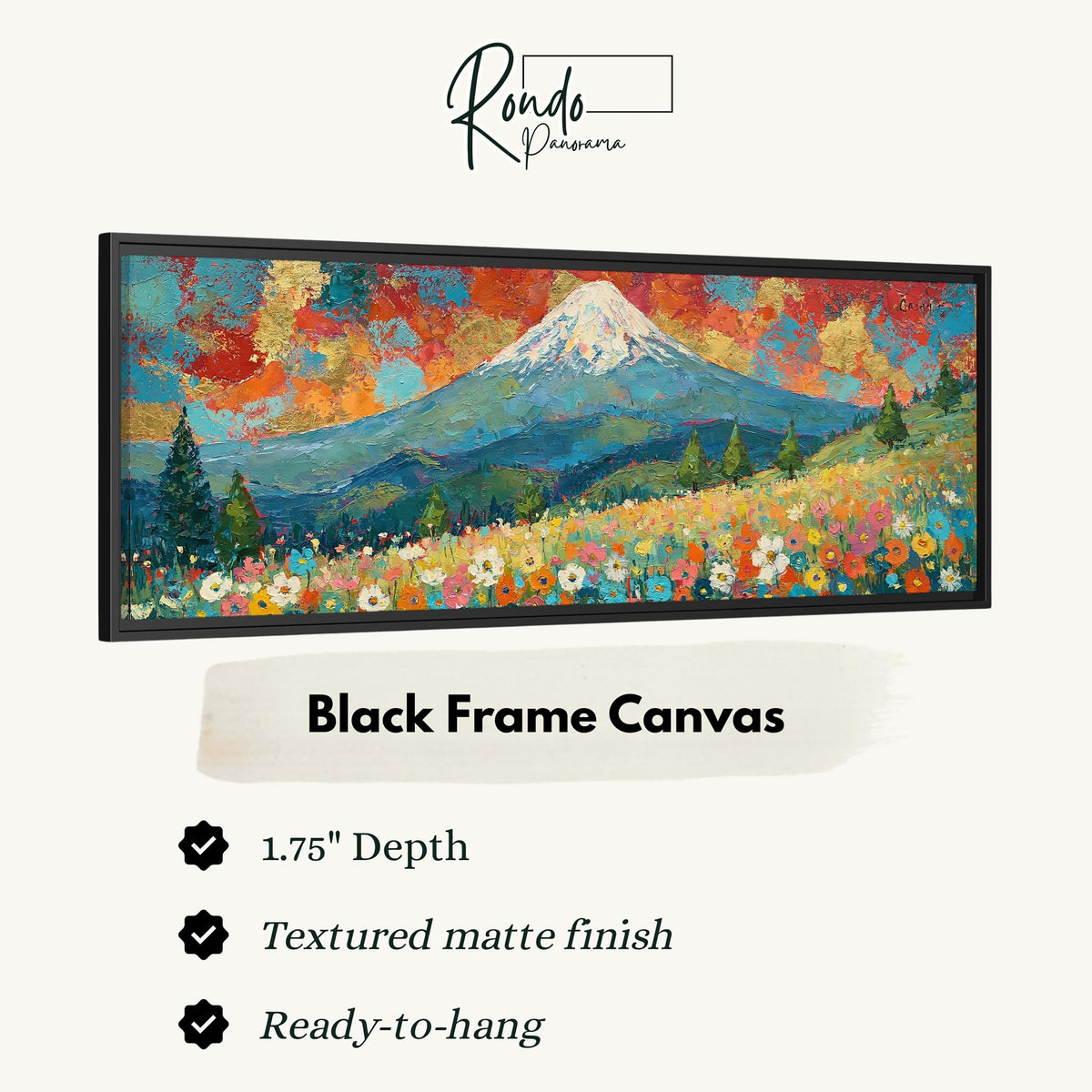 Mount Fuji under a red and gold sunset sky canvas print in a black floating frame