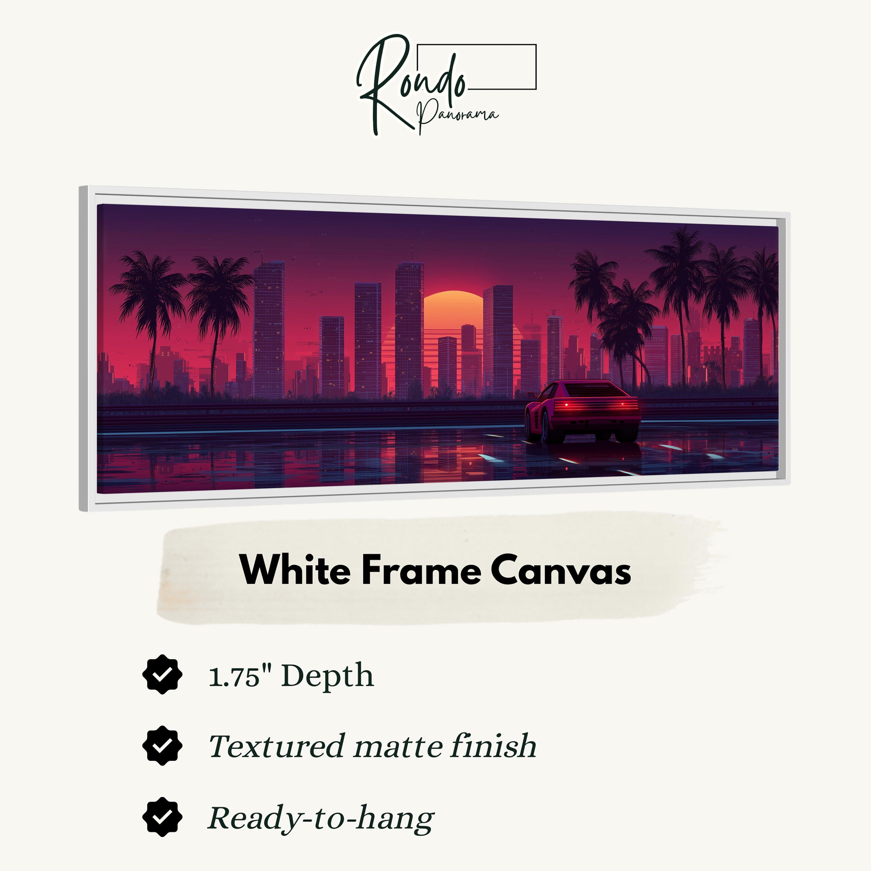 The image is a white frame canvas depicting a cityscape at sunset with palm trees and a car driving on the road.