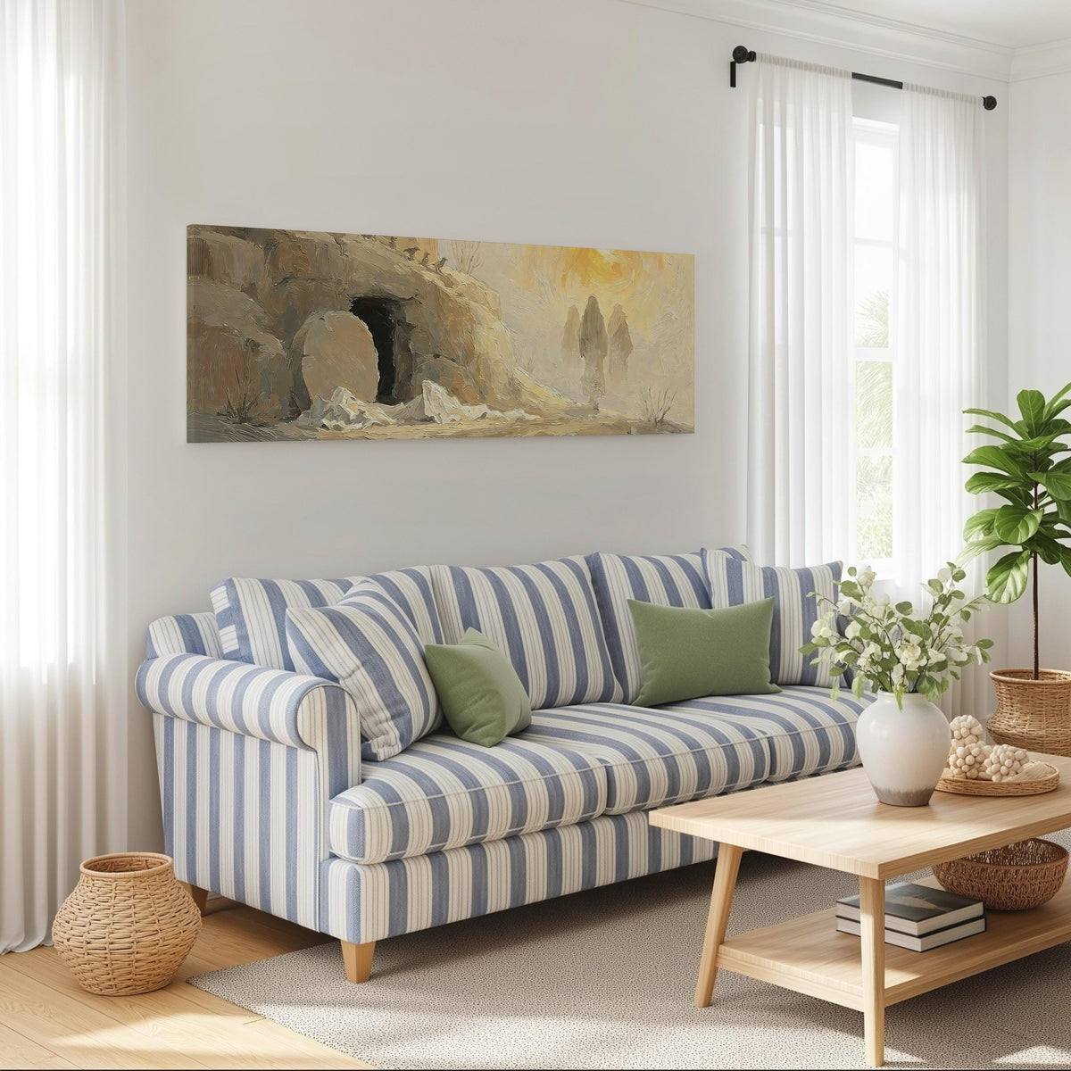 The empty tomb at sunrise long horizontal canvas print above a striped sofa in a coastal living room