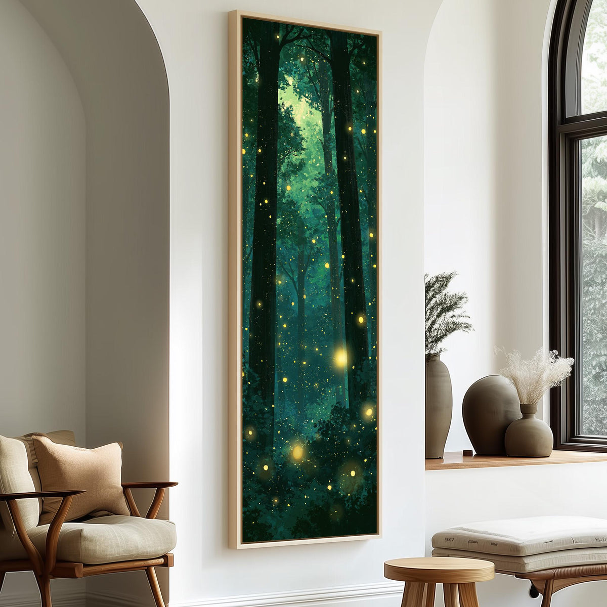 Fireflies glowing in a dark teal forest tall skinny canvas print in a sunlit living space