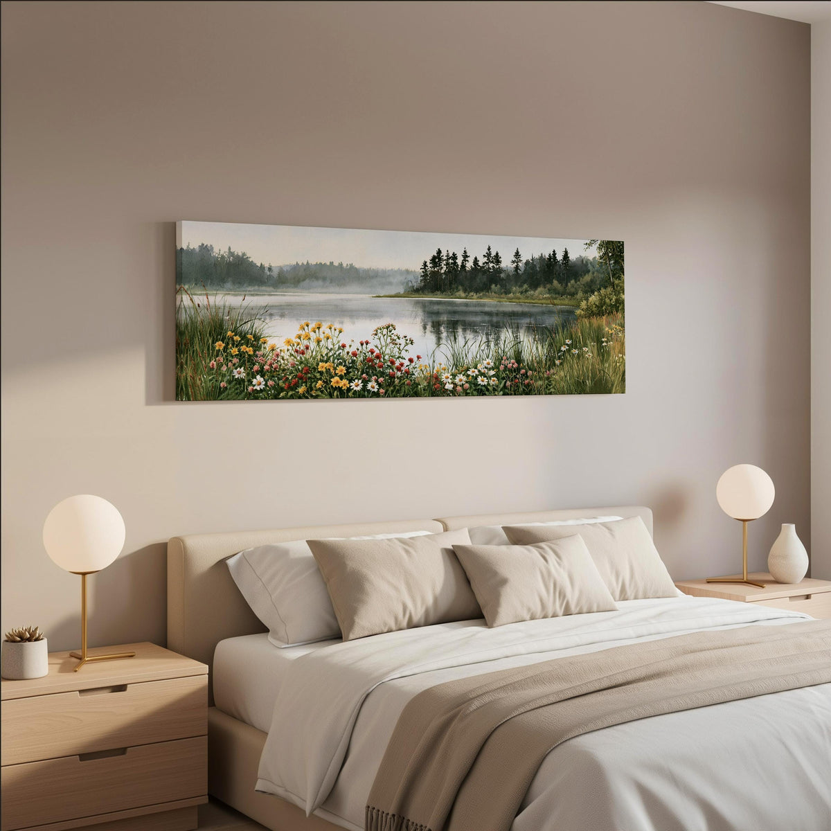 Lake with wildflowers on the shore wide panoramic canvas print above a bed in a neutral bedroom