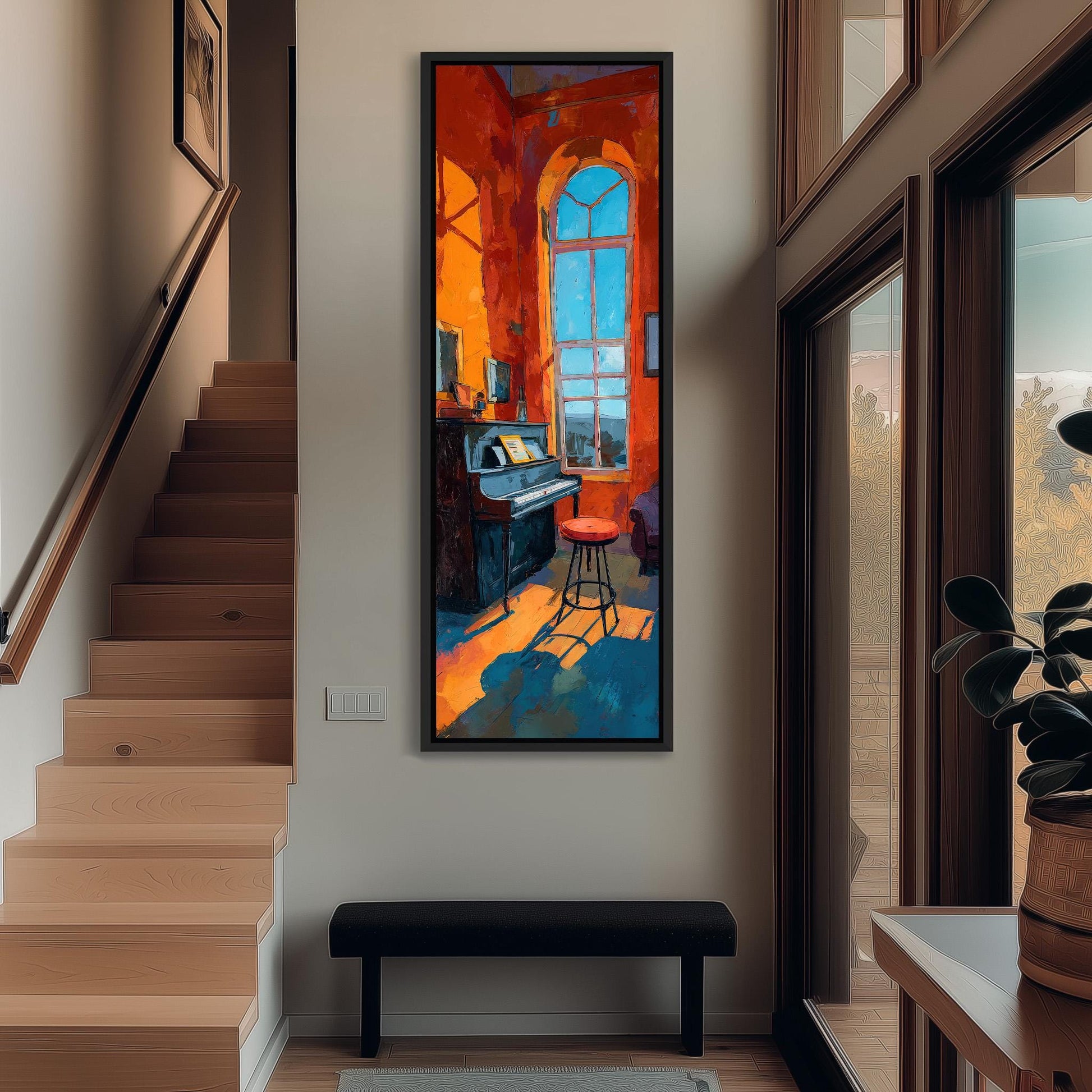 a cozy and inviting living room with a large window, a piano, and a bench. The room has a warm and welcoming atmosphere, with natural light streaming in through the window.