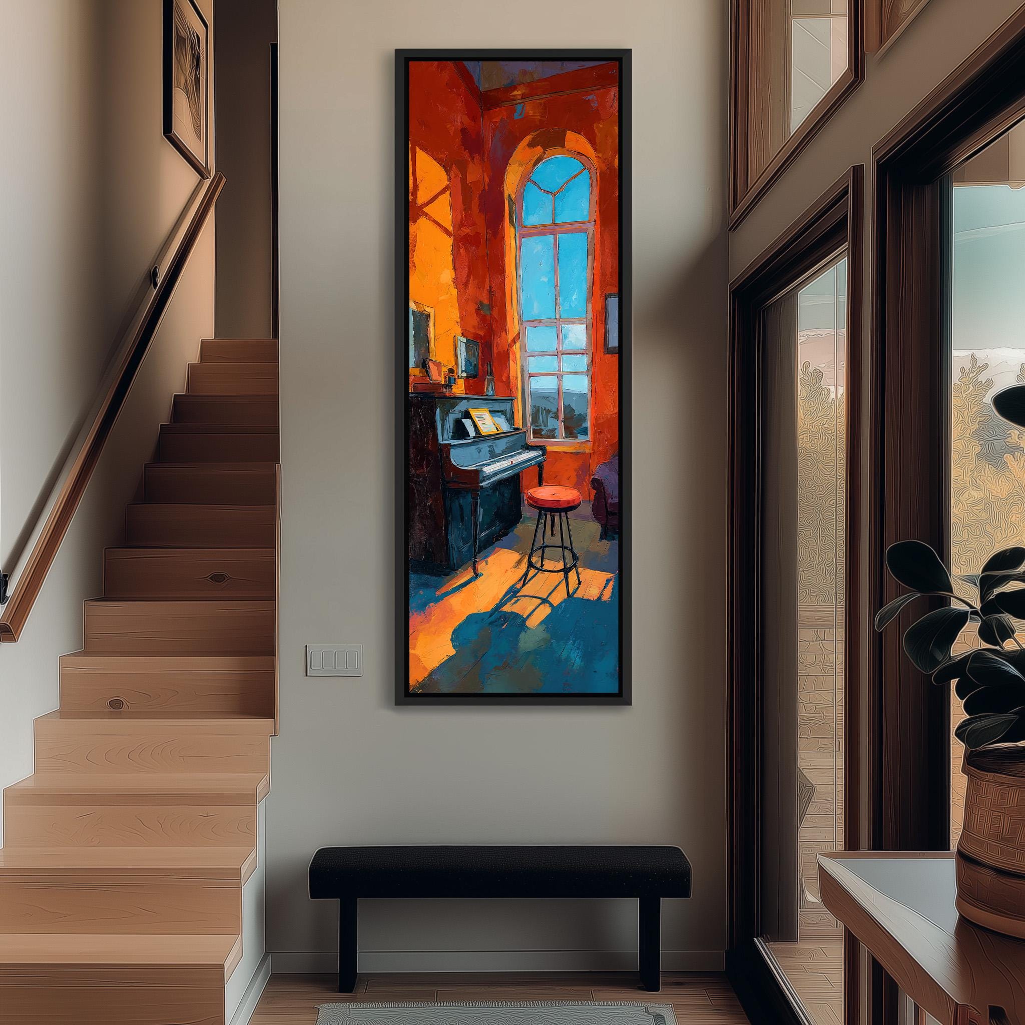 a cozy and inviting living room with a large window, a piano, and a bench. The room has a warm and welcoming atmosphere, with natural light streaming in through the window.