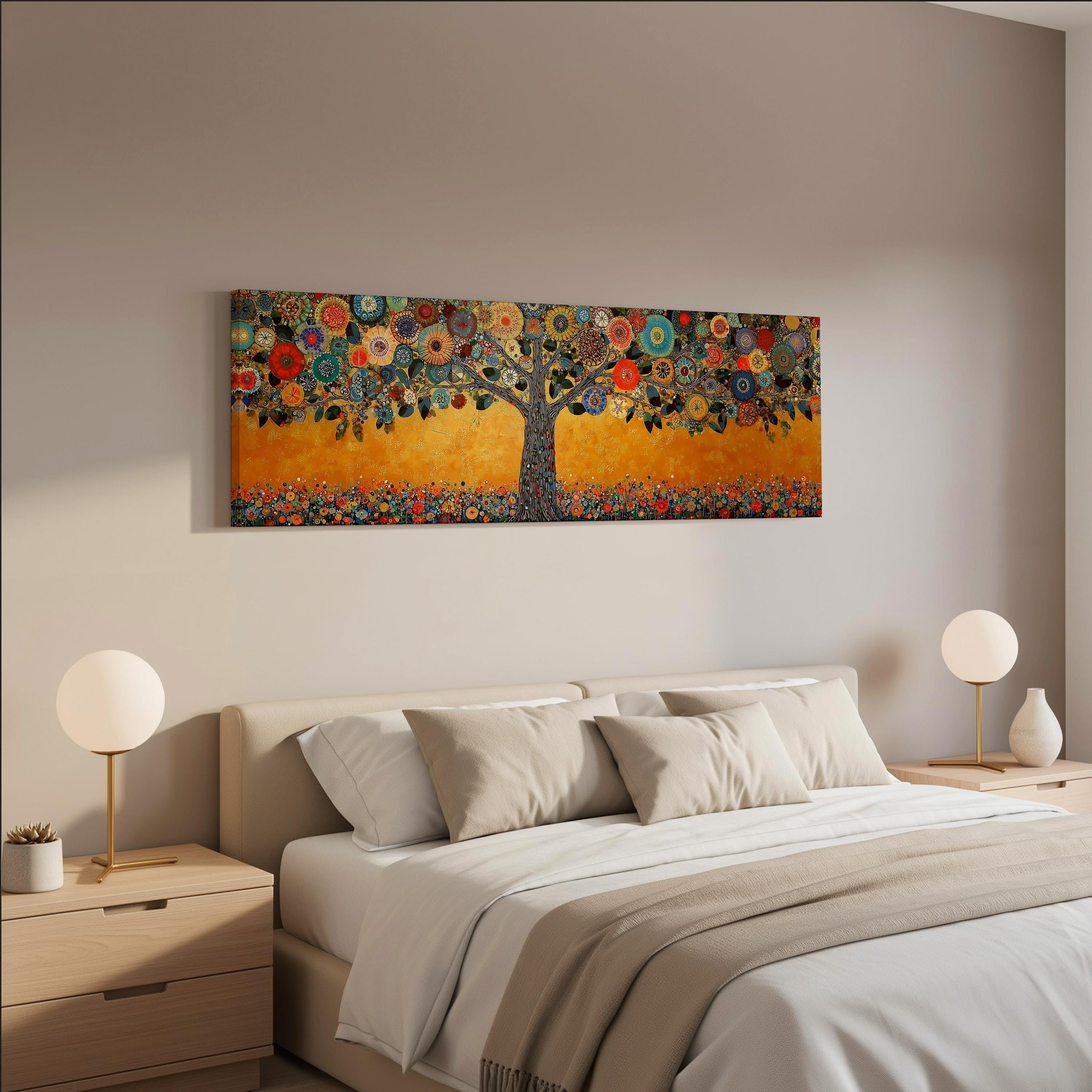 a bedroom with a large bed, two nightstands with lamps, and a painting of a tree with colorful flowers hanging on the wall above the bed.