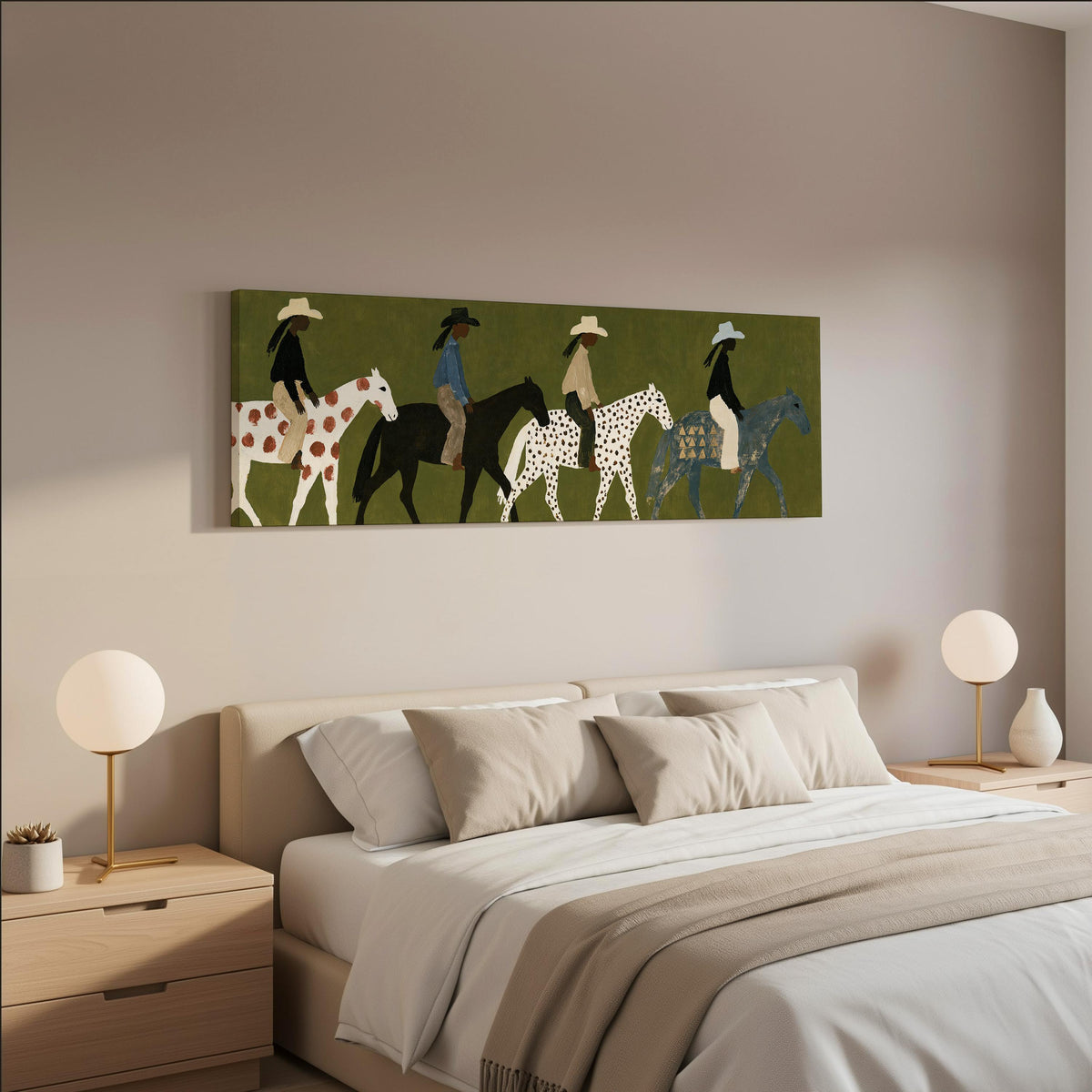 Riders on spotted ponies on olive green wide panoramic canvas print above a bed in a neutral bedroom