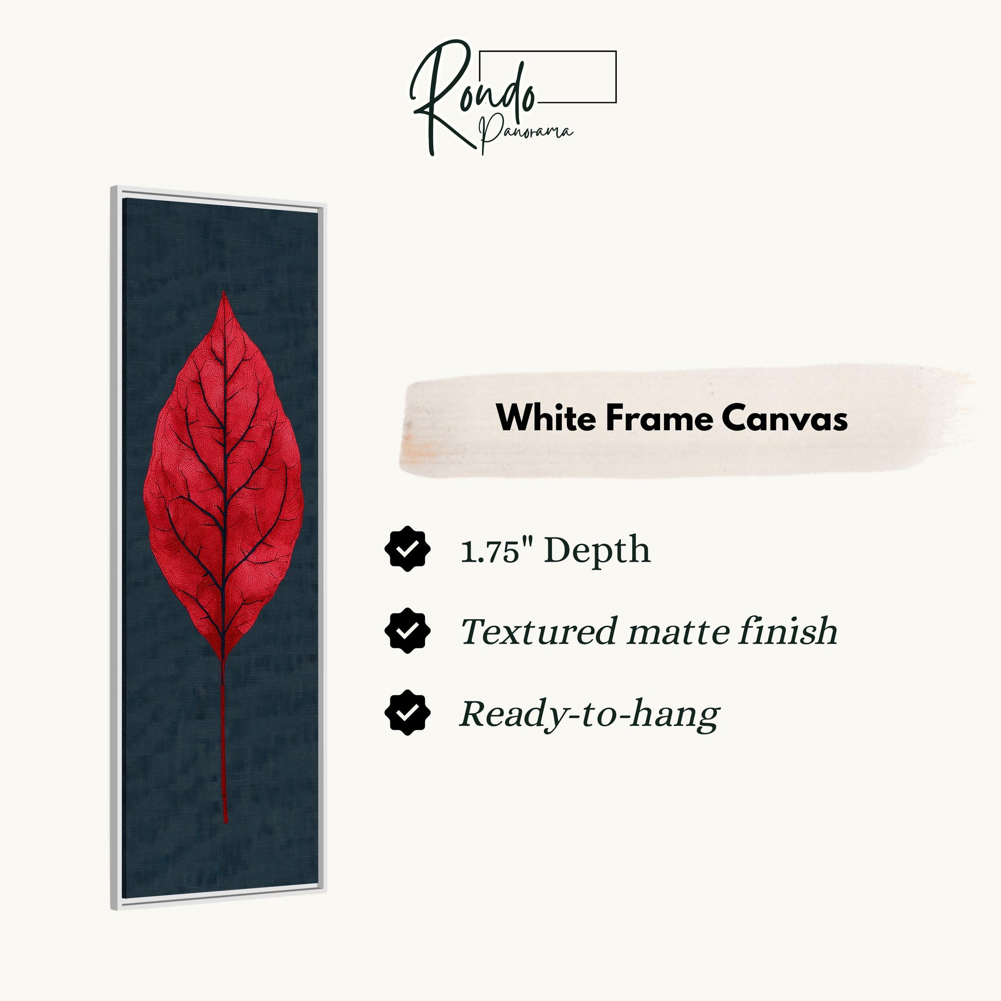 The image is a white frame canvas featuring a red leaf on a black background.