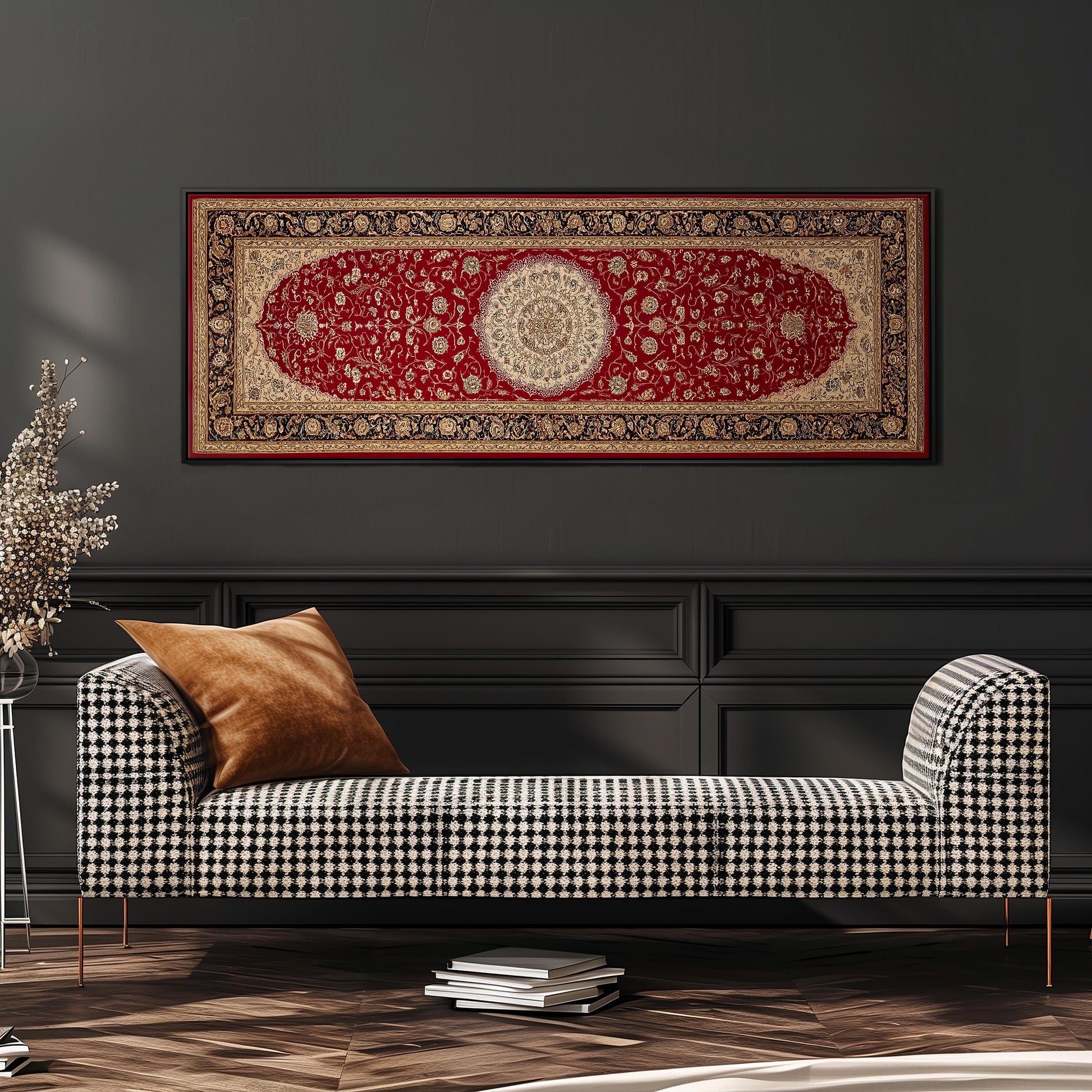 a black and white checkered sofa with a brown throw pillow, set against a dark gray wall with a large, ornate rug hanging above it.
