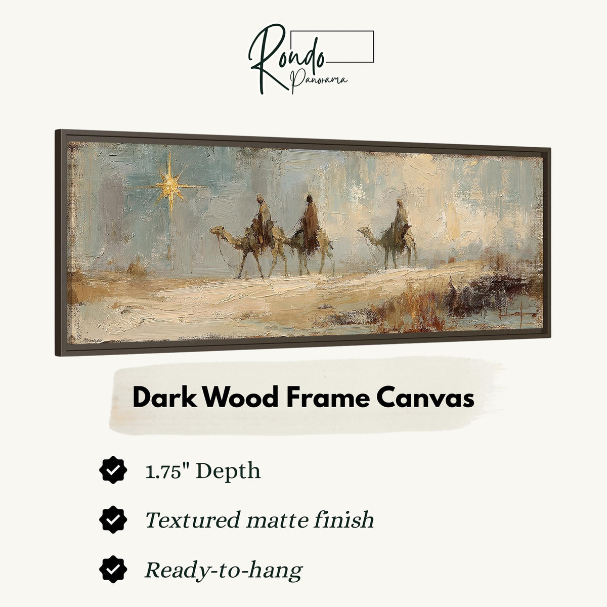 Wise men on camels following the star canvas print in a dark wood floating frame