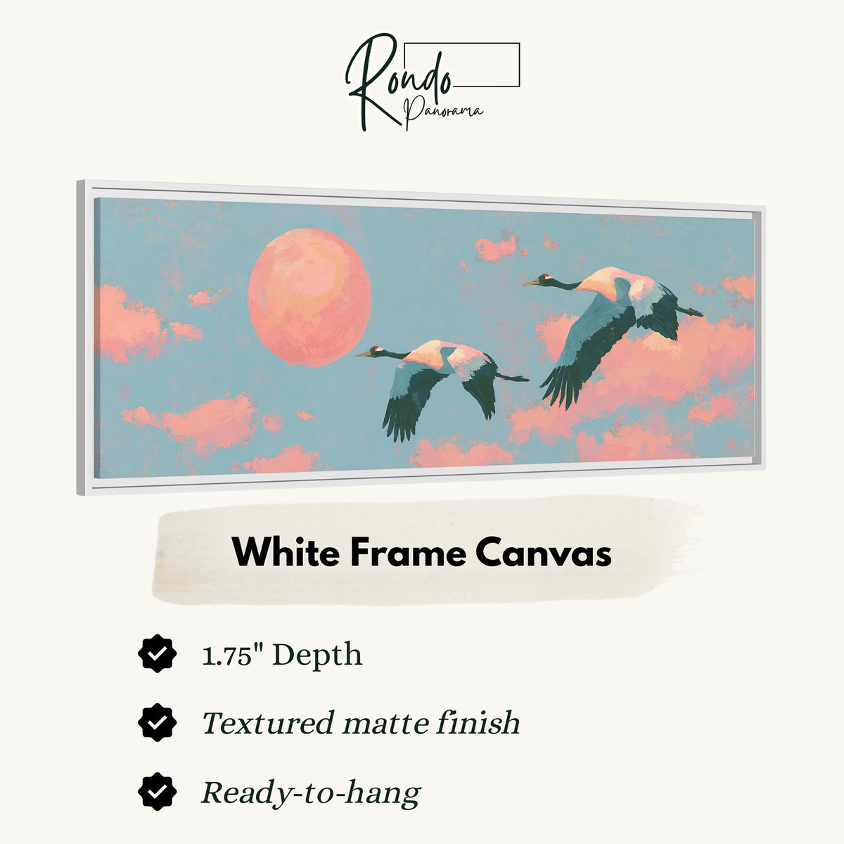 Two cranes flying at sunset canvas print in a white floating frame