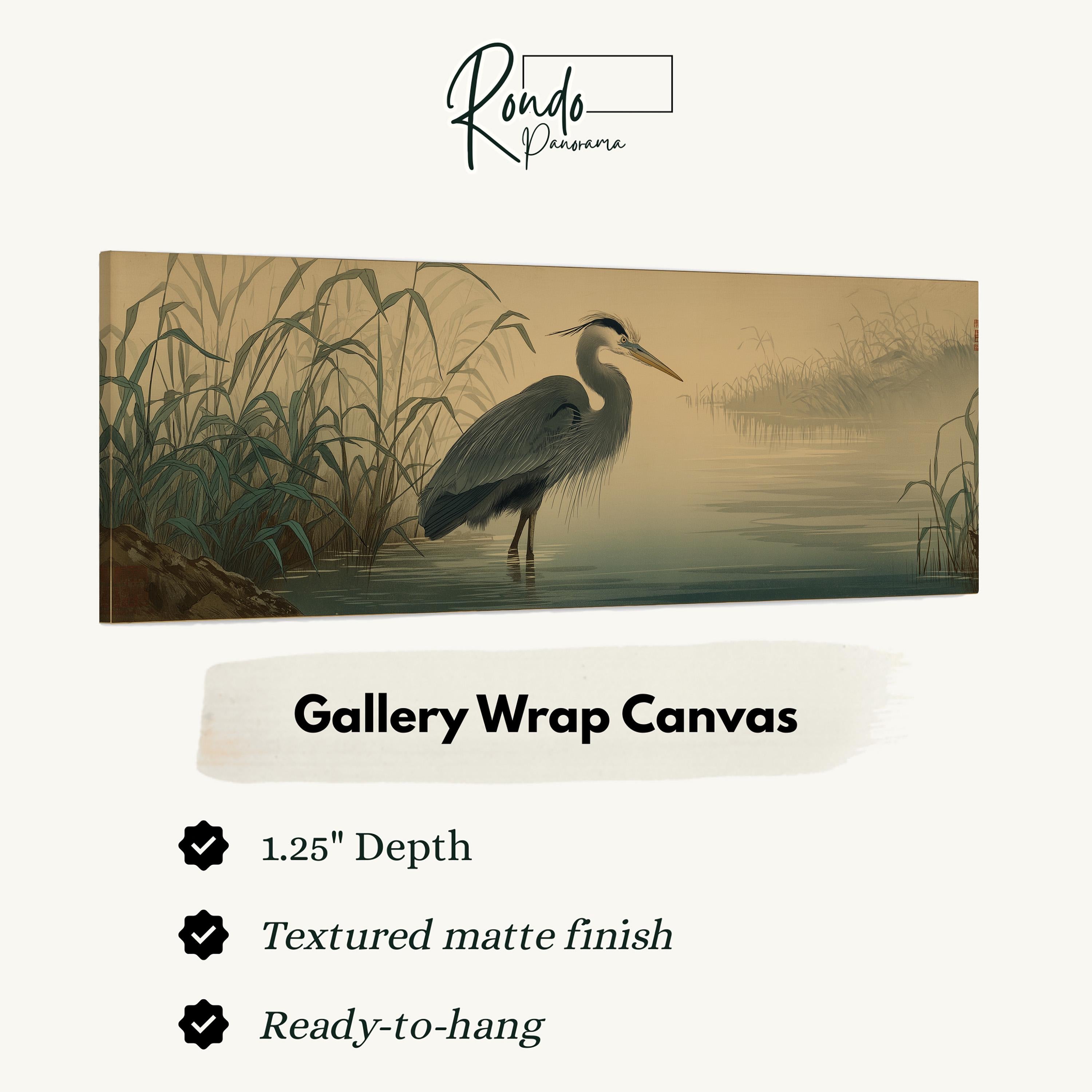 A painting of a heron standing in a body of water, with a text overlay providing information about the artwork.