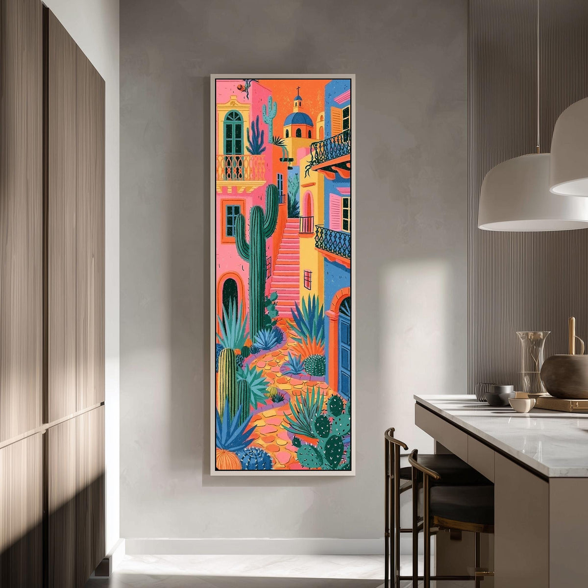 Colorful Mexican alley with cacti tall skinny canvas print in a modern kitchen