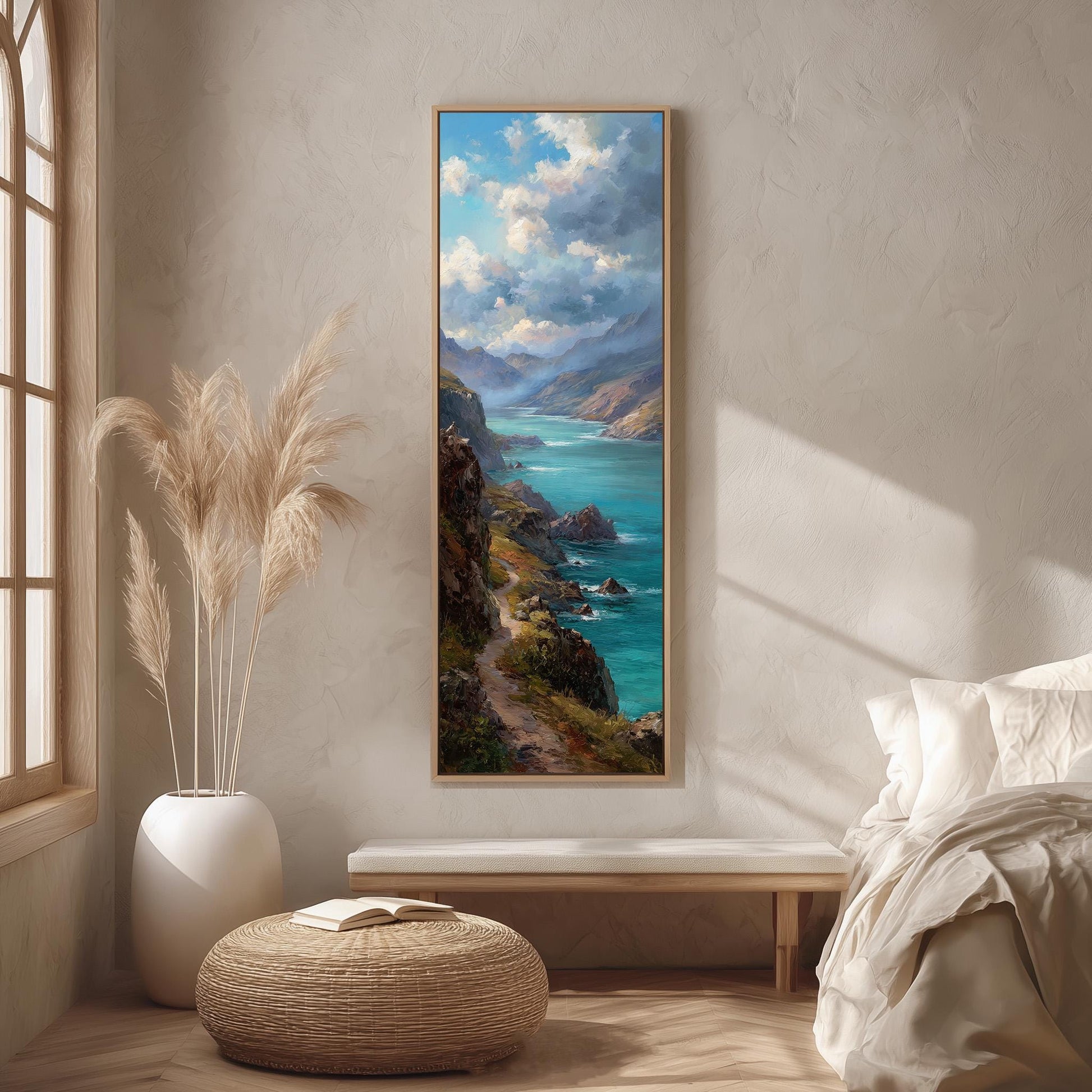 a serene bedroom scene with a large painting of a coastal landscape hanging on the wall, a white bed with a white pillow, a white vase with tall potted plants, and a wooden bench.