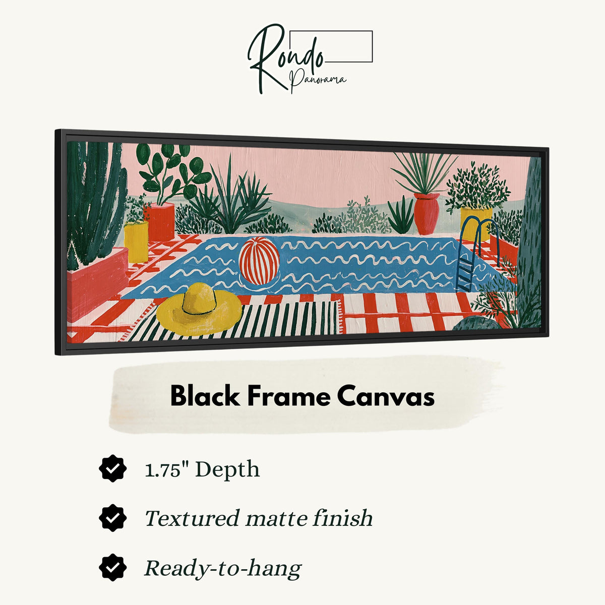 Colorful poolside courtyard canvas print in a black floating frame
