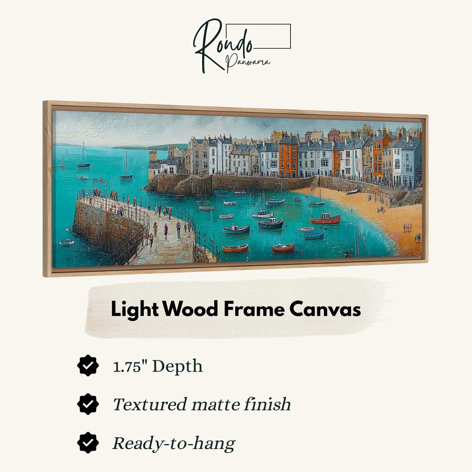 The image is a framed painting depicting a coastal town with boats on the water.