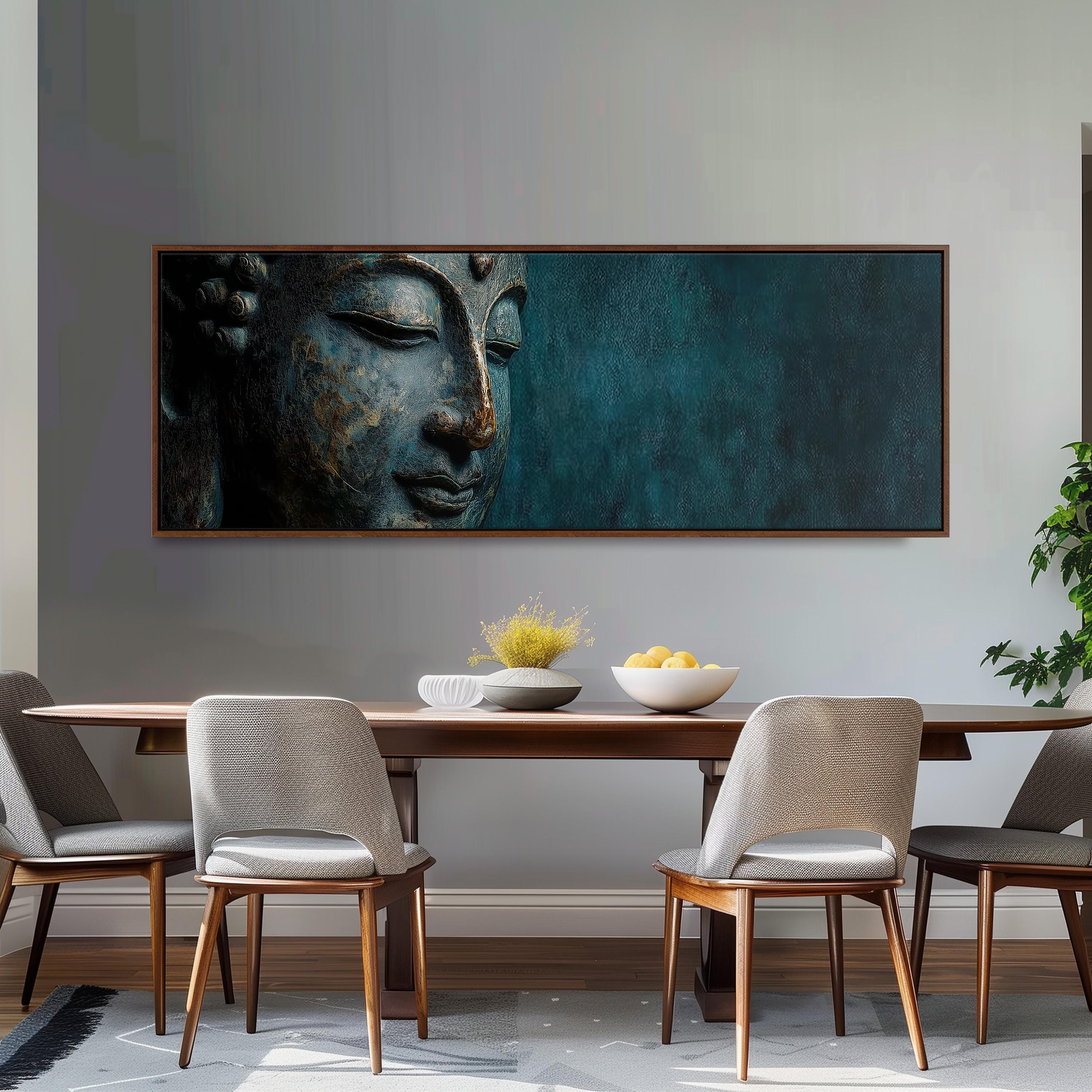 a dining room with a large Buddha portrait hanging on the wall above a wooden table with four chairs. The table is set with a bowl of fruit and a vase of flowers, creating a serene and peaceful atmosphere.