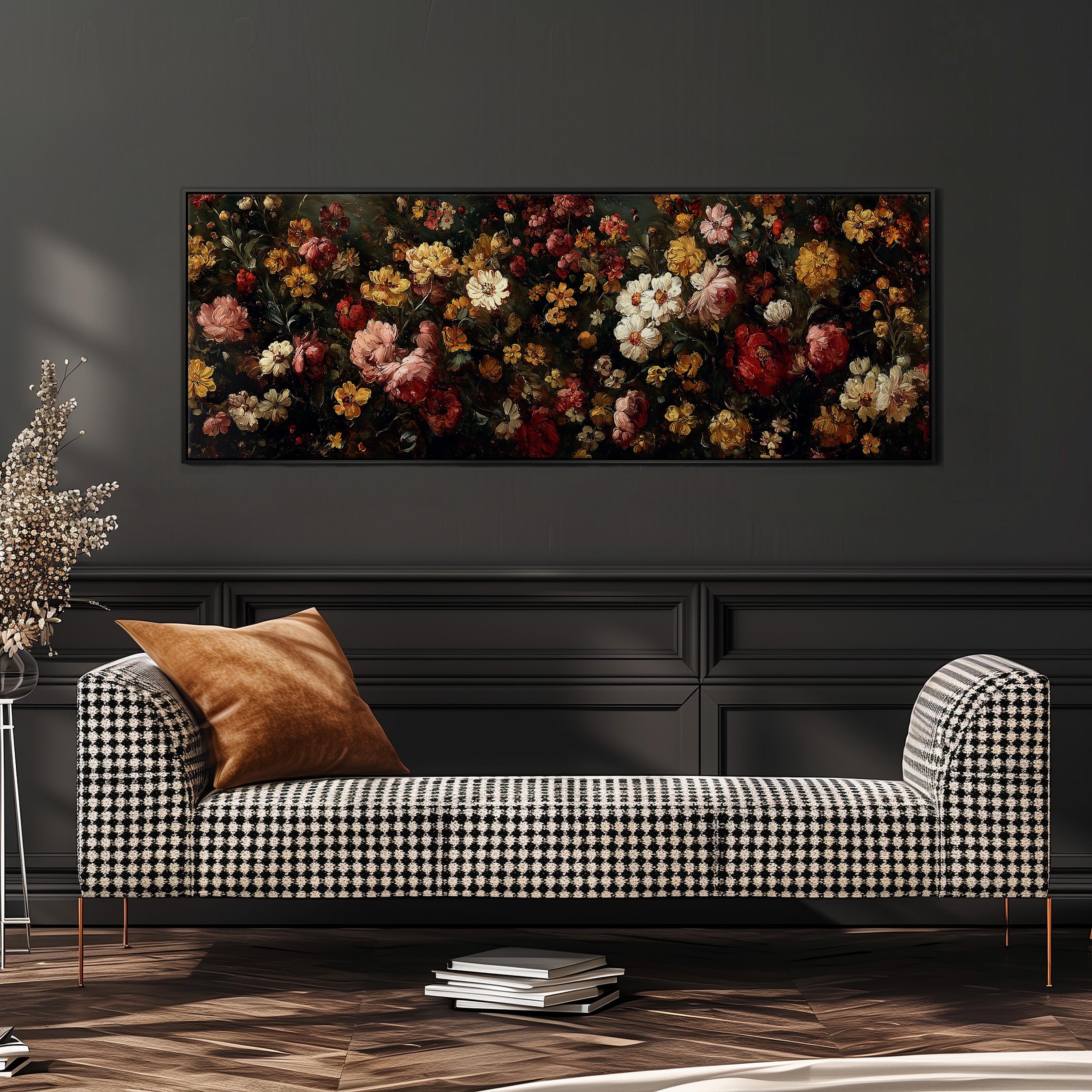 a large, colorful painting of flowers hanging on a wall above a black and white checkered sofa.