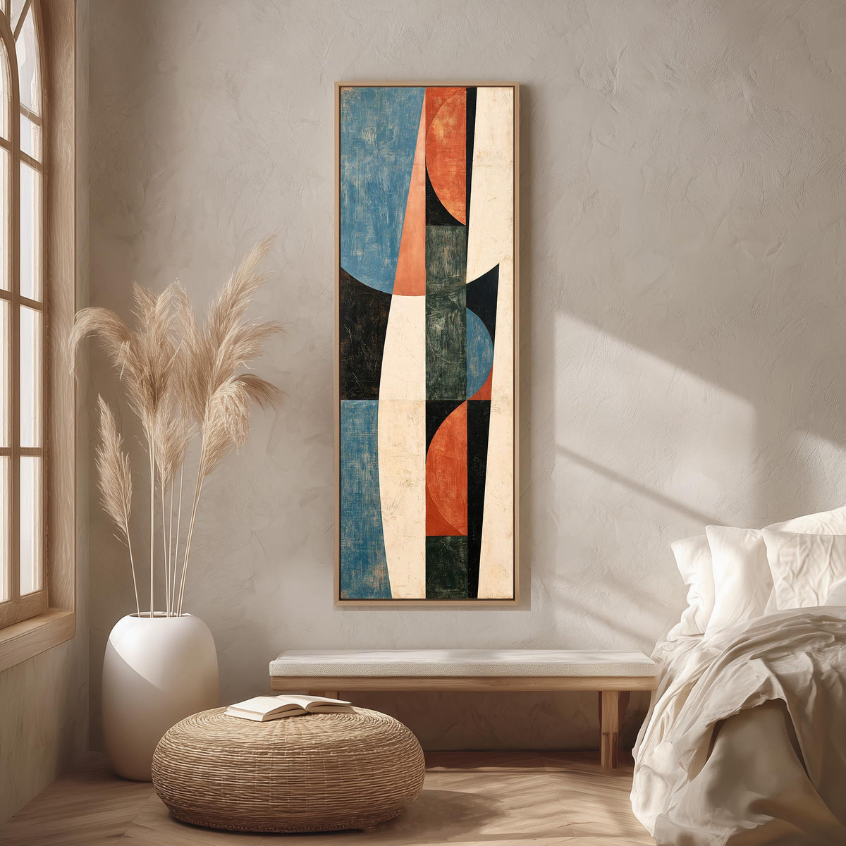 Textured curves in blue, orange and black long vertical canvas print in a bright reading corner
