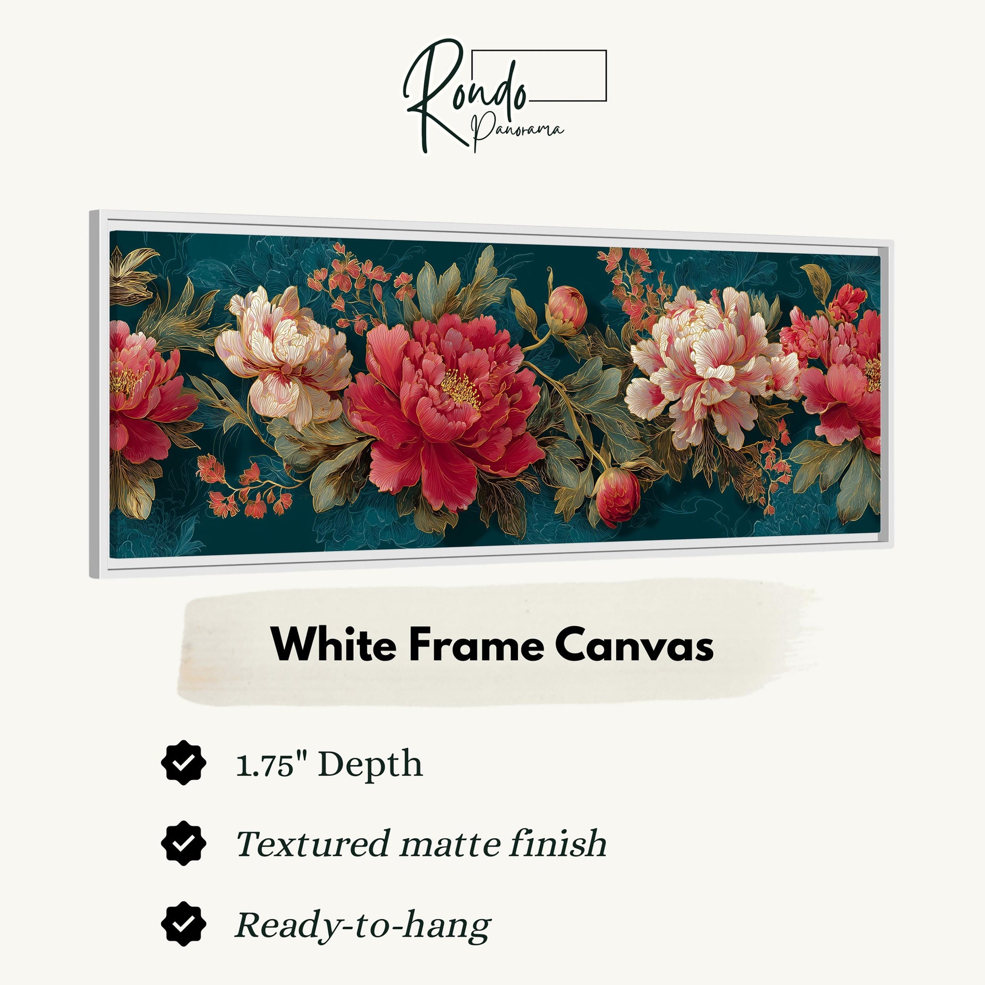 The image is a framed artwork featuring a floral design with red and pink flowers against a dark green background.