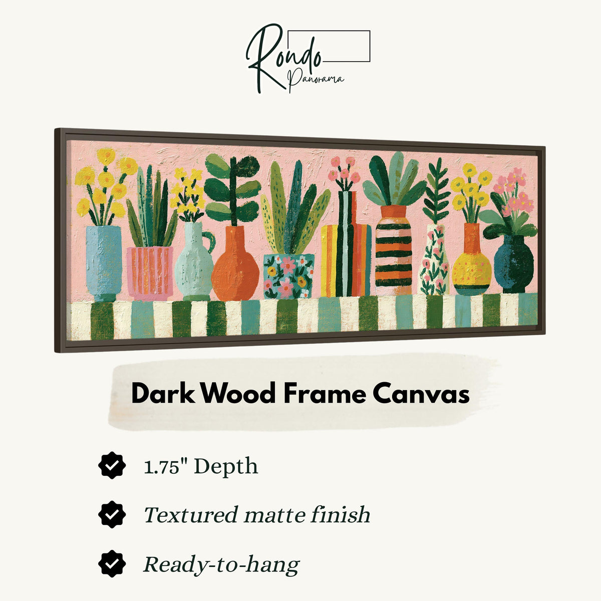 Row of boho potted plants canvas print in a dark wood floating frame