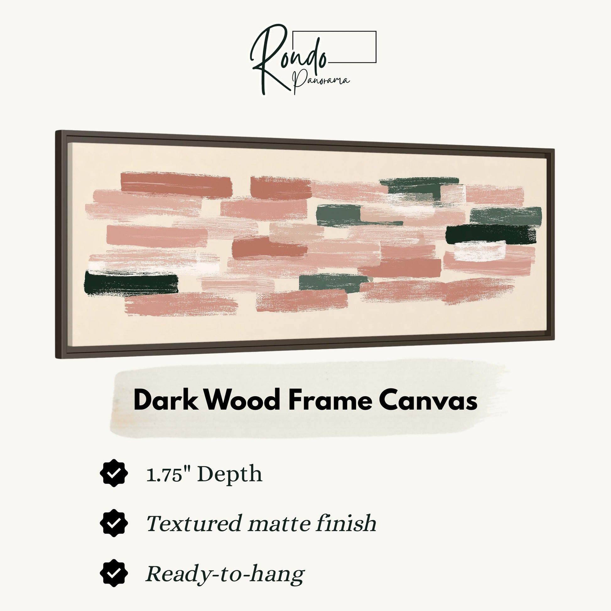 The image is a product advertisement for a dark wood frame canvas. It features a close-up of the canvas with a textured finish and a 1.75" depth. The product is described as textured matte finish and ready-to-hang.