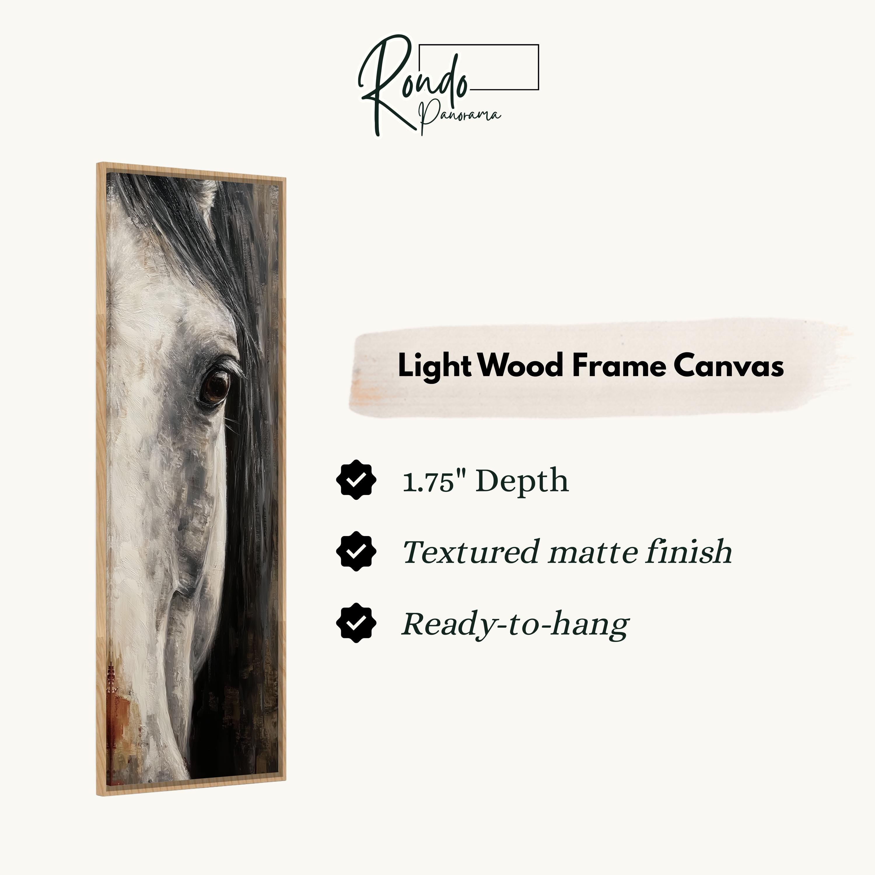 The image is a close-up of a horse's eye, with a light wood frame around it.