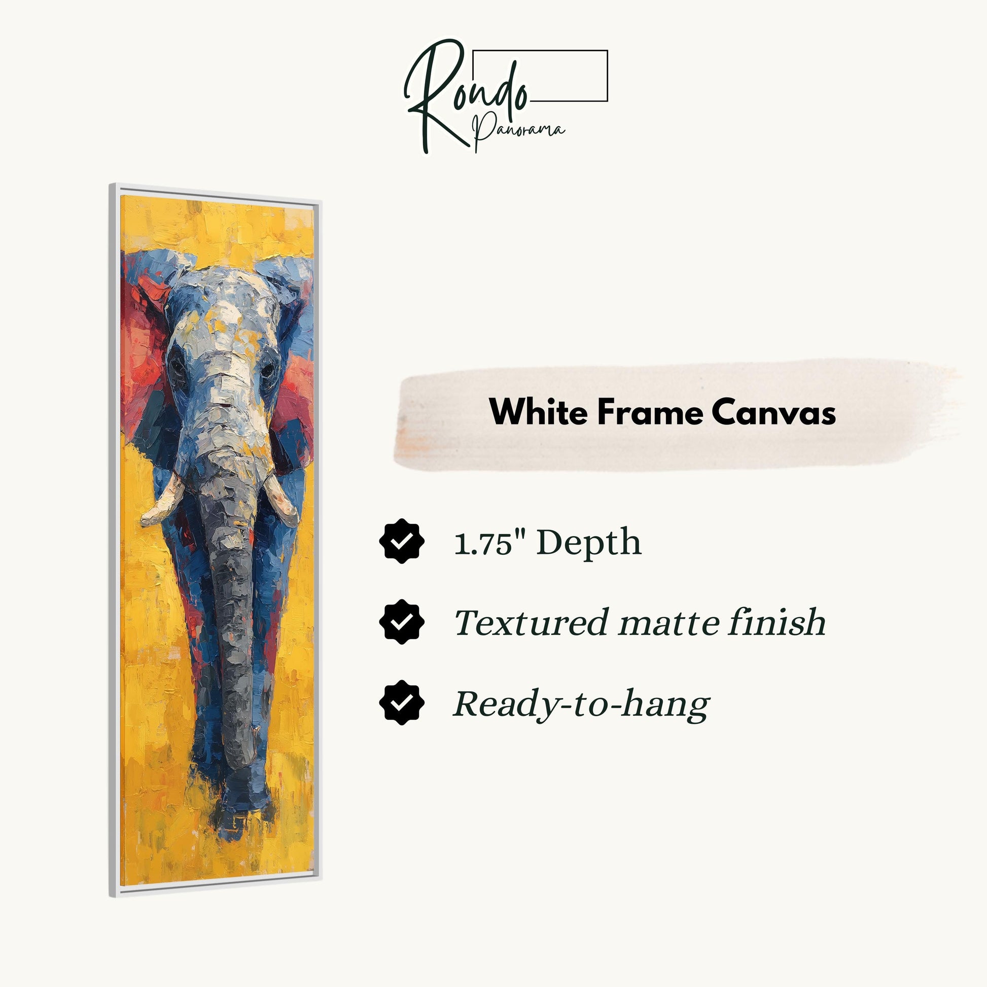 a large, vibrant painting of an elephant in a white frame.