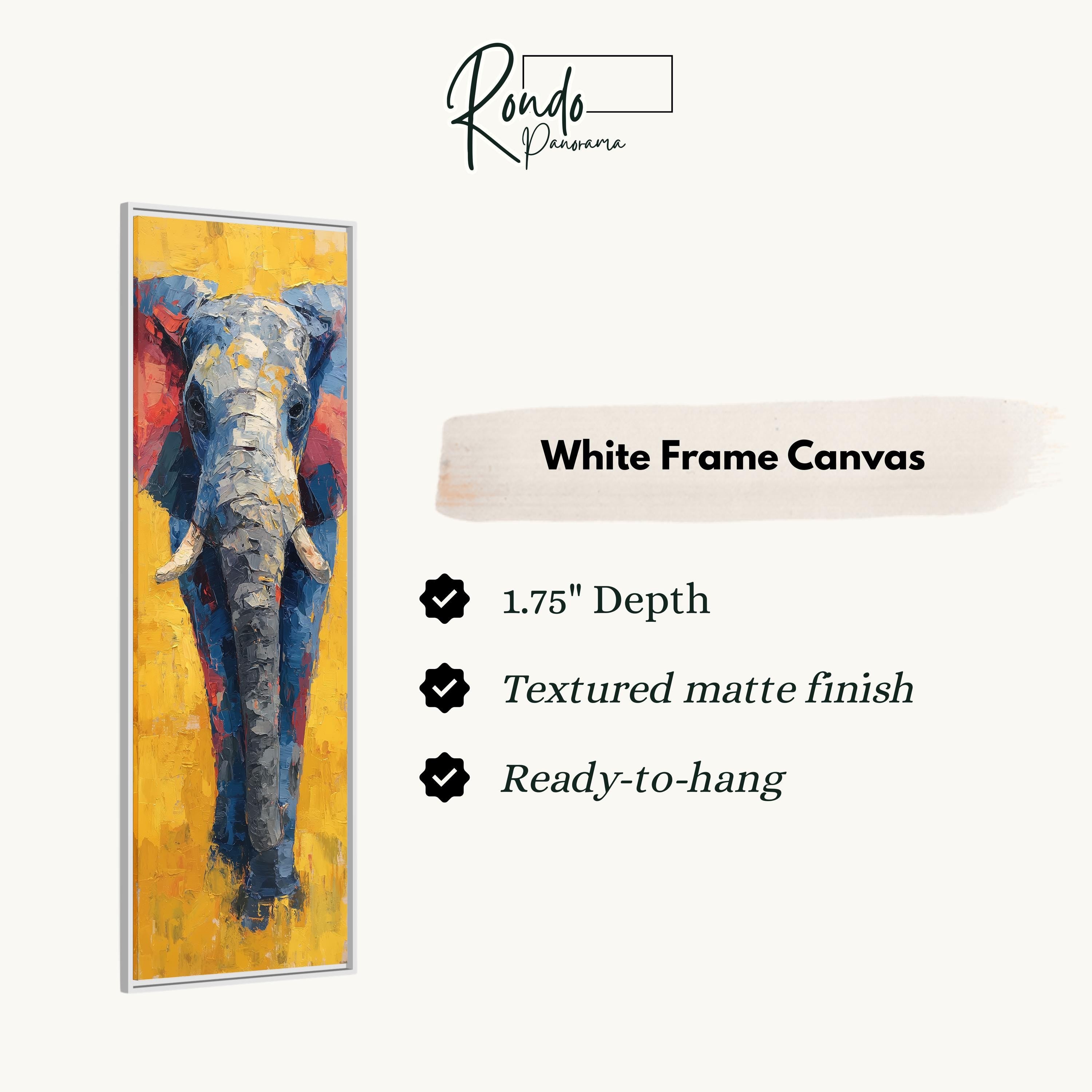 a large, vibrant painting of an elephant in a white frame.