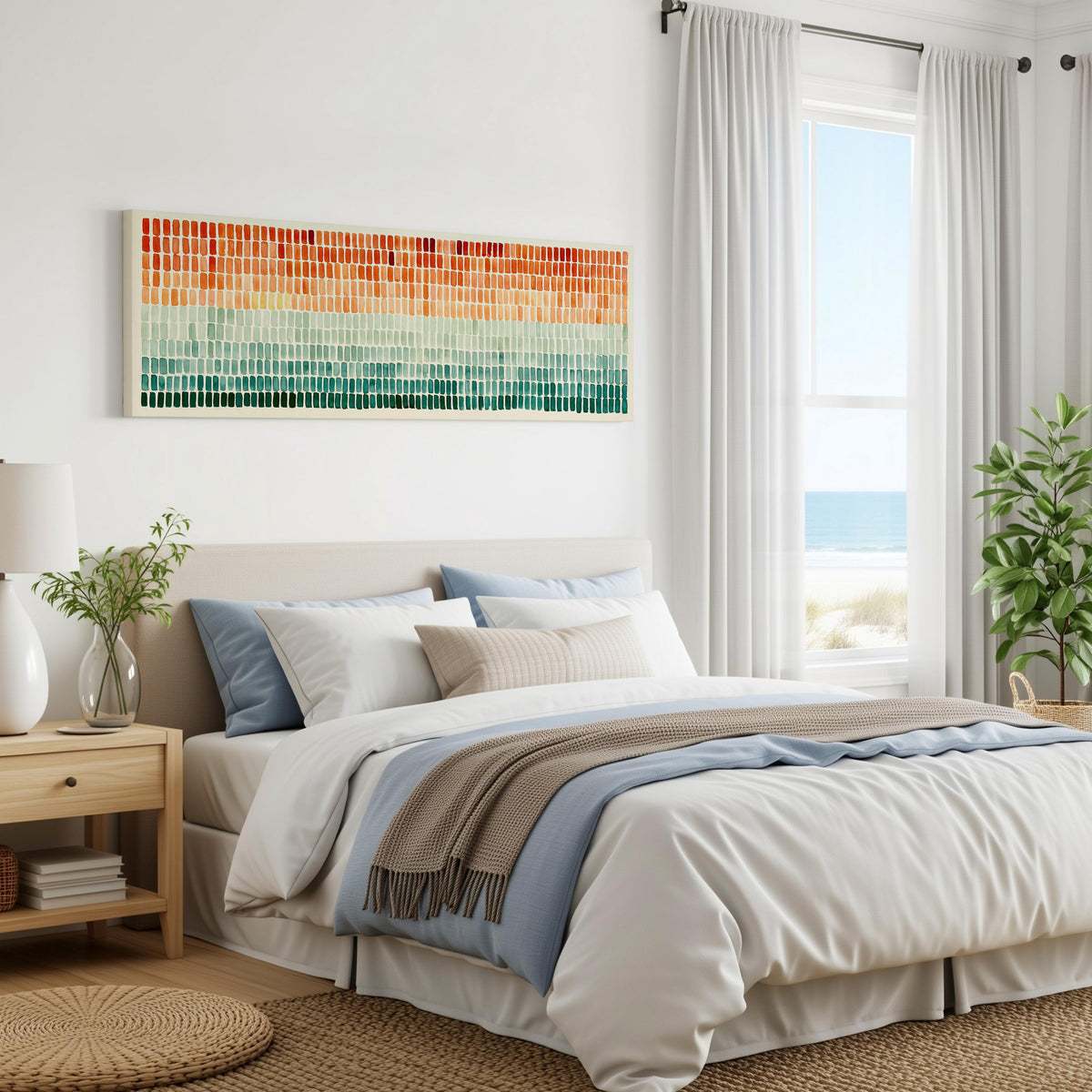 Brushmarks fading from orange to teal panoramic canvas print above a bed in a coastal bedroom
