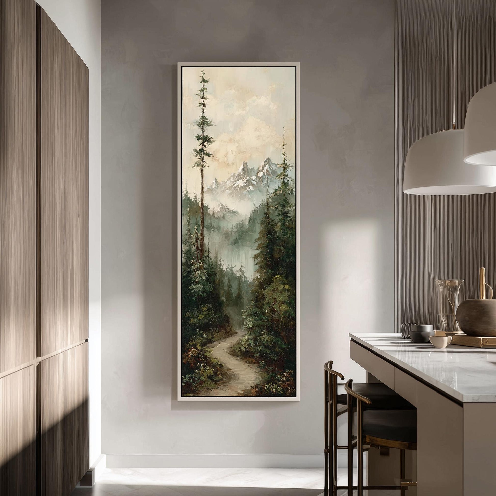 a large painting of a forest scene hanging on a wall in a modern kitchen.