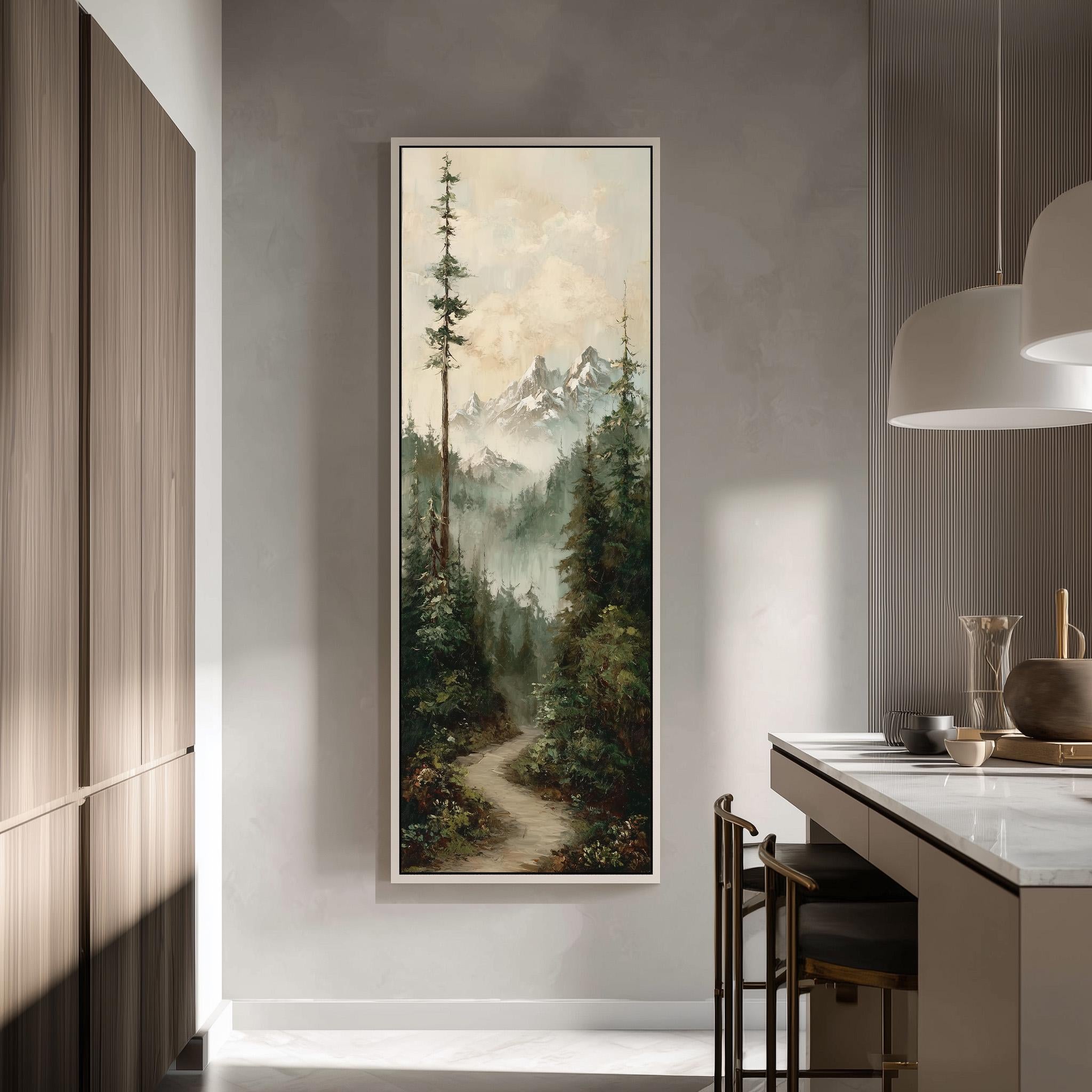 a large painting of a forest scene hanging on a wall in a modern kitchen.