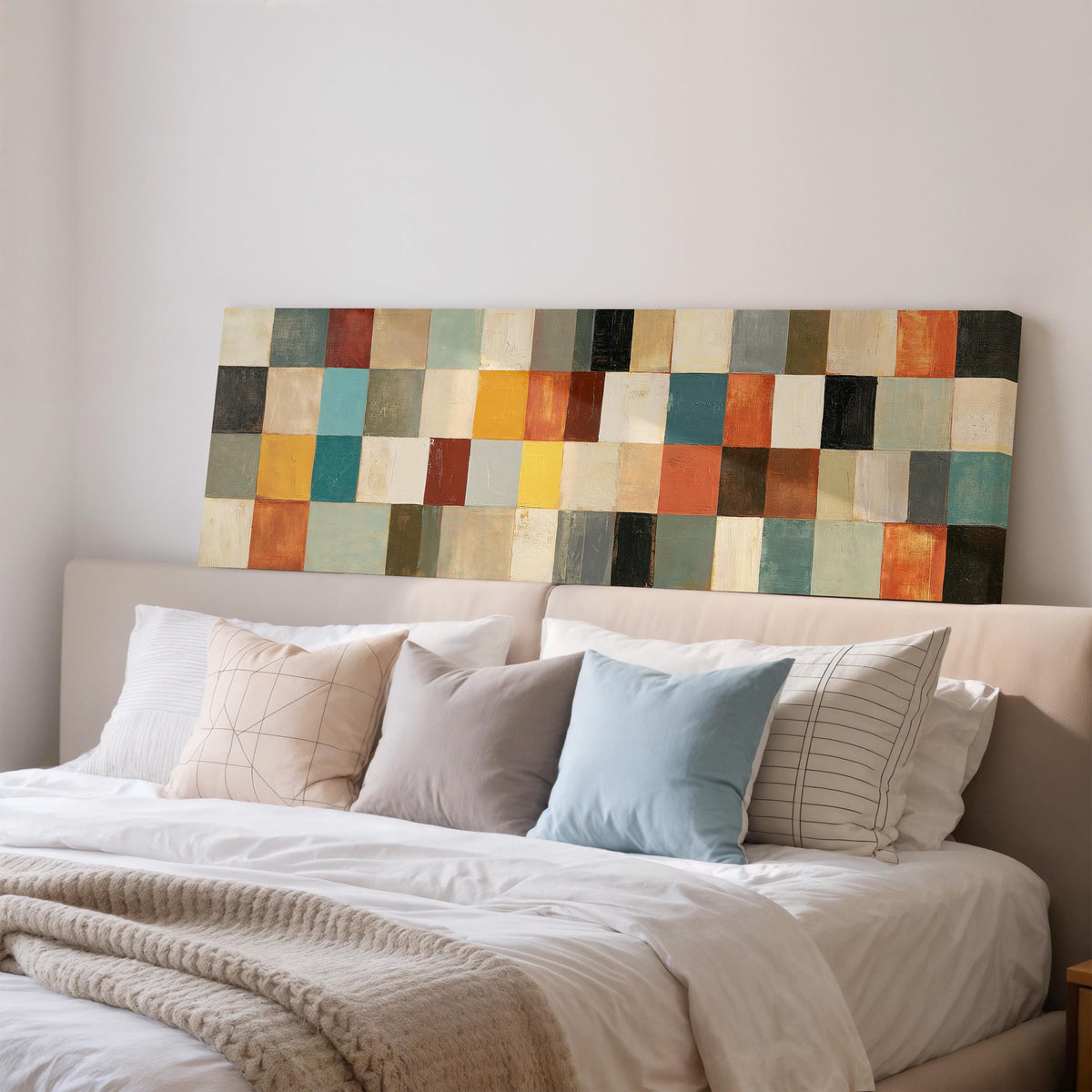 Colorful checkerboard mosaic grid wide panoramic canvas print above a bed in a bedroom