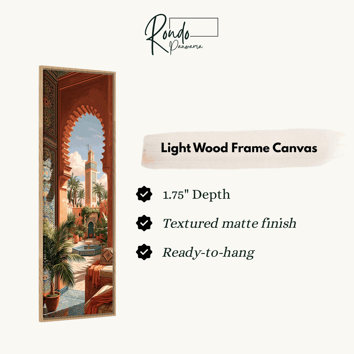 Moroccan courtyard and minaret through a terracotta arch canvas print in a light wood floating frame