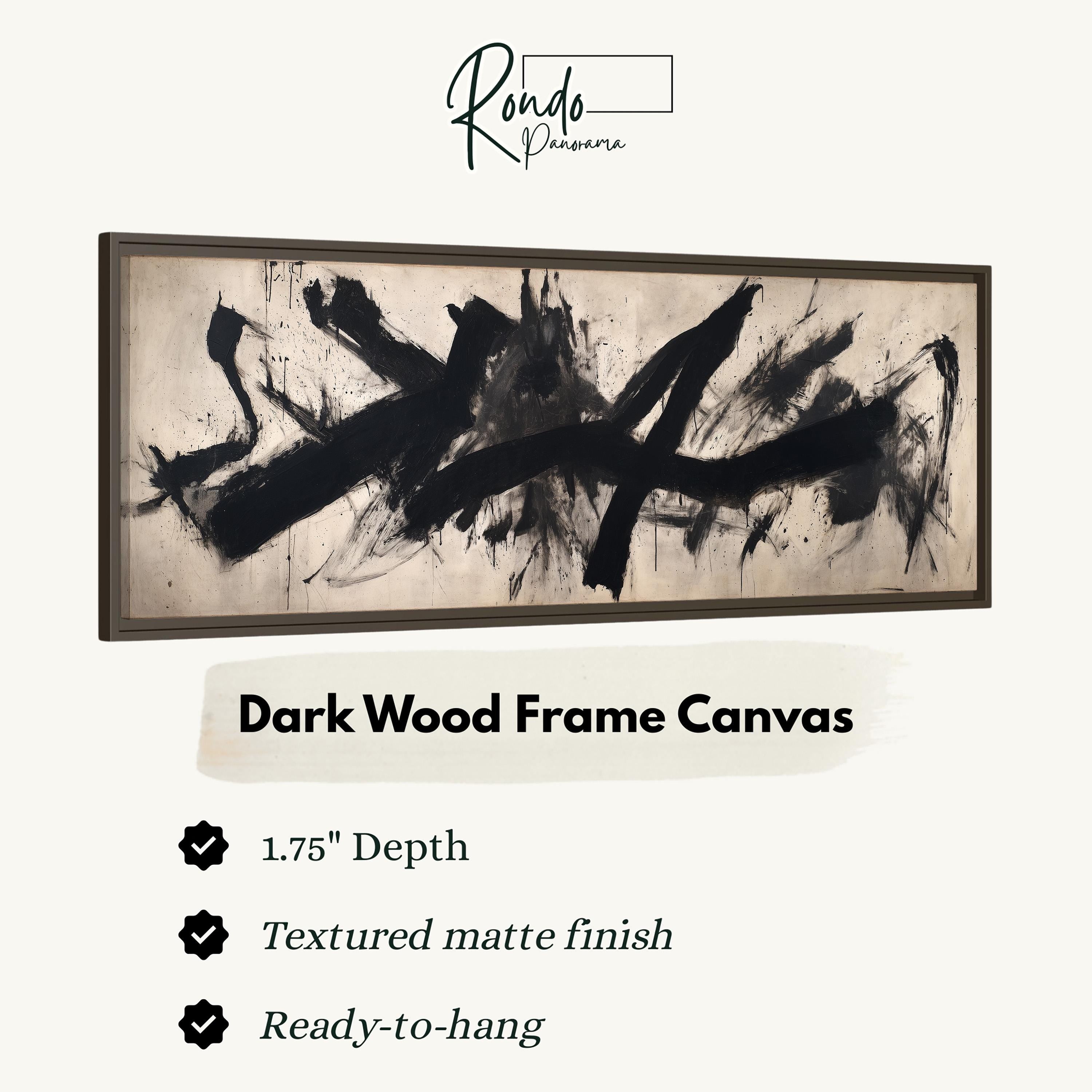 The image is a product advertisement for a dark wood frame canvas. It features a close-up of the canvas with a textured matte finish and a 1.75" depth. The canvas is described as textured matte finish and ready-to-hang.