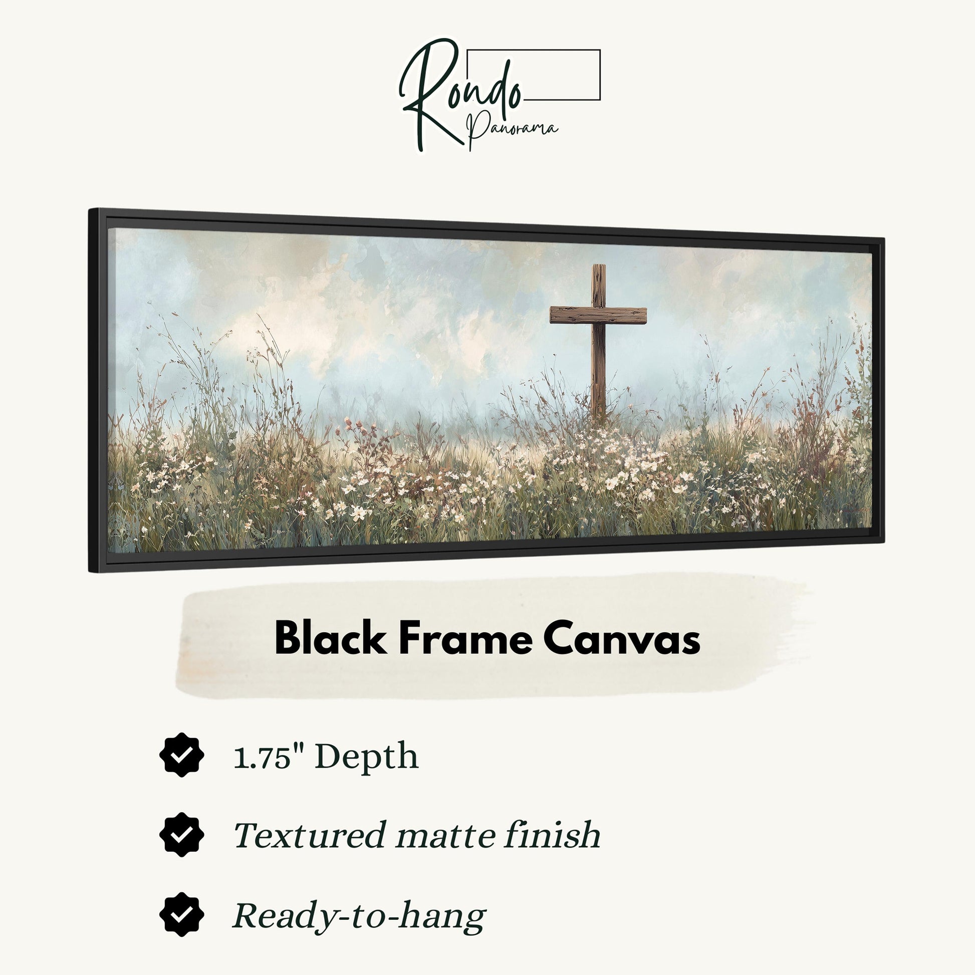 The image is a black frame canvas depicting a cross in a field of flowers.