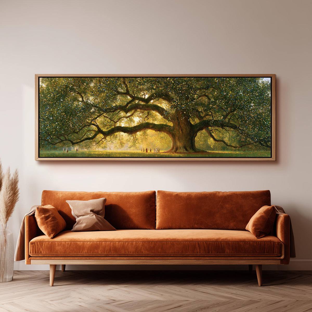 Golden oak tree in a park long horizontal canvas print above a sofa in a living room