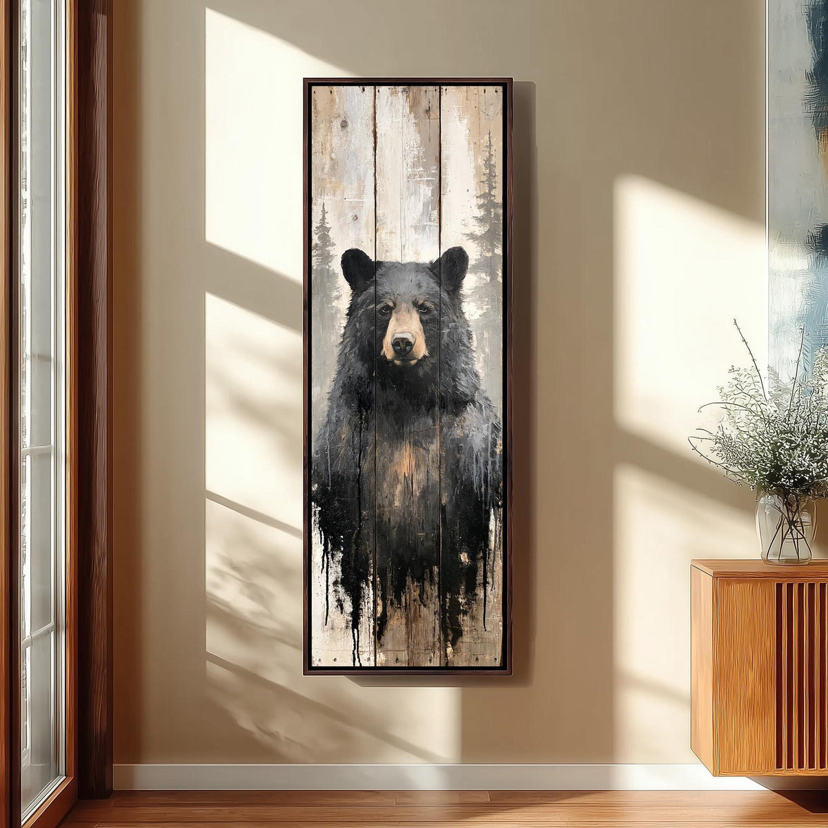 Black bear on weathered barn wood tall skinny canvas print in a sunlit living space