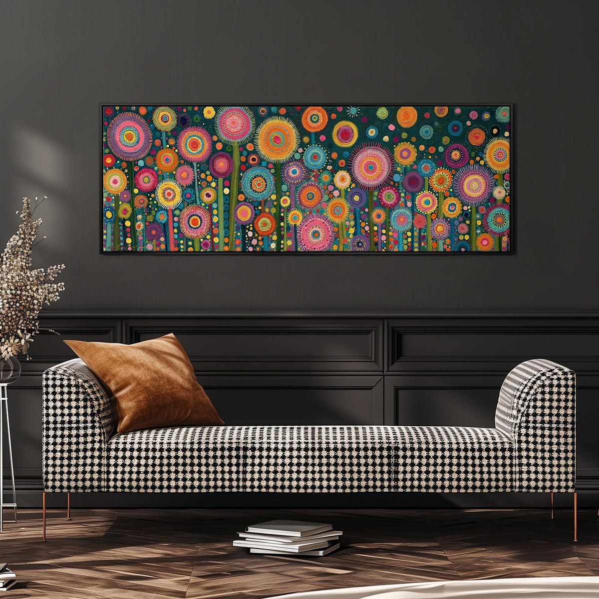 Circle flower garden on teal wide panoramic canvas print above a bench in a dark living room