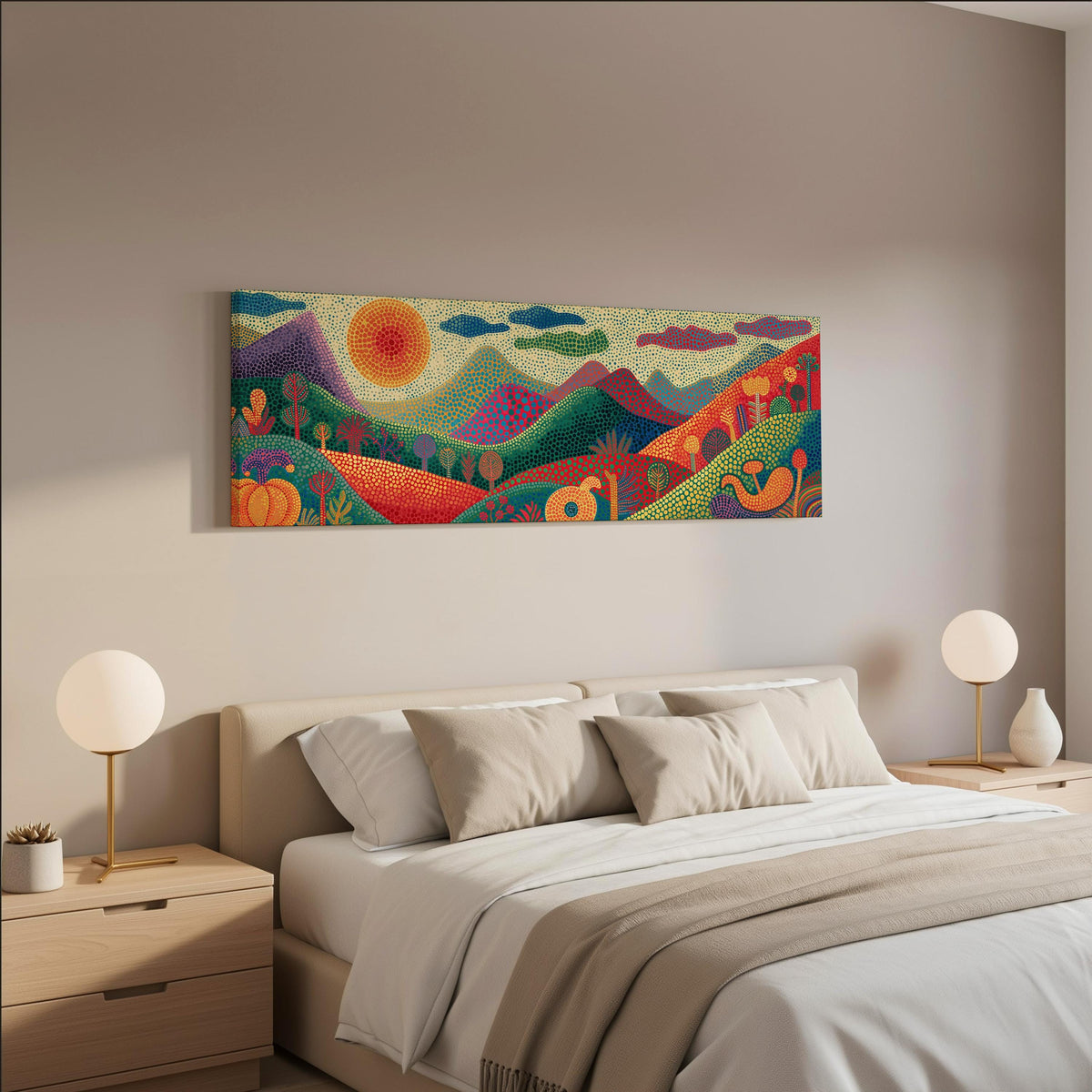 Dotted mountains under a sunburst wide panoramic canvas print above a bed in a neutral bedroom