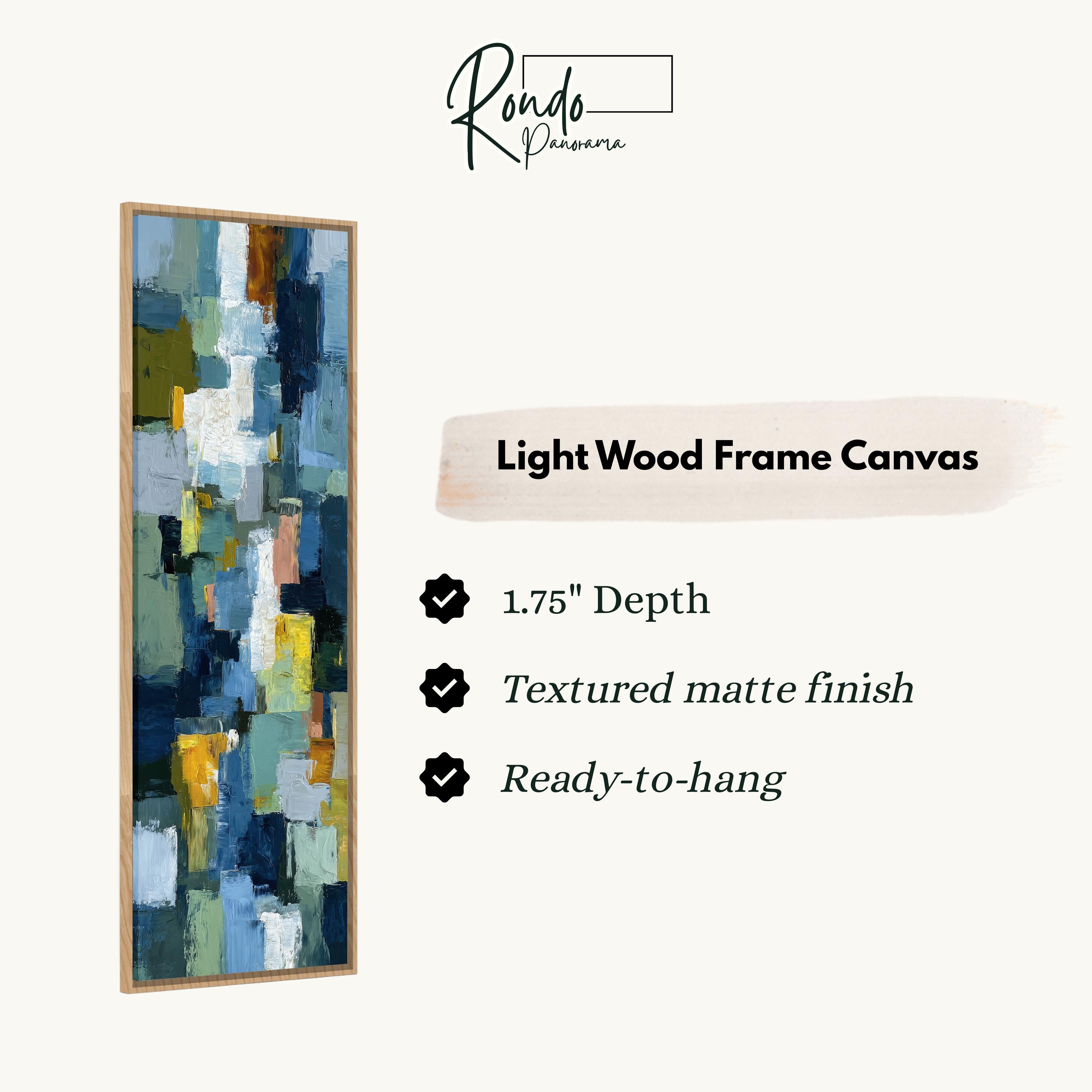 The image is a product description for a light wood frame canvas. It features a vertical painting with a textured finish and a depth of 1.75 inches. The canvas is ready to hang and has a textured matte finish.