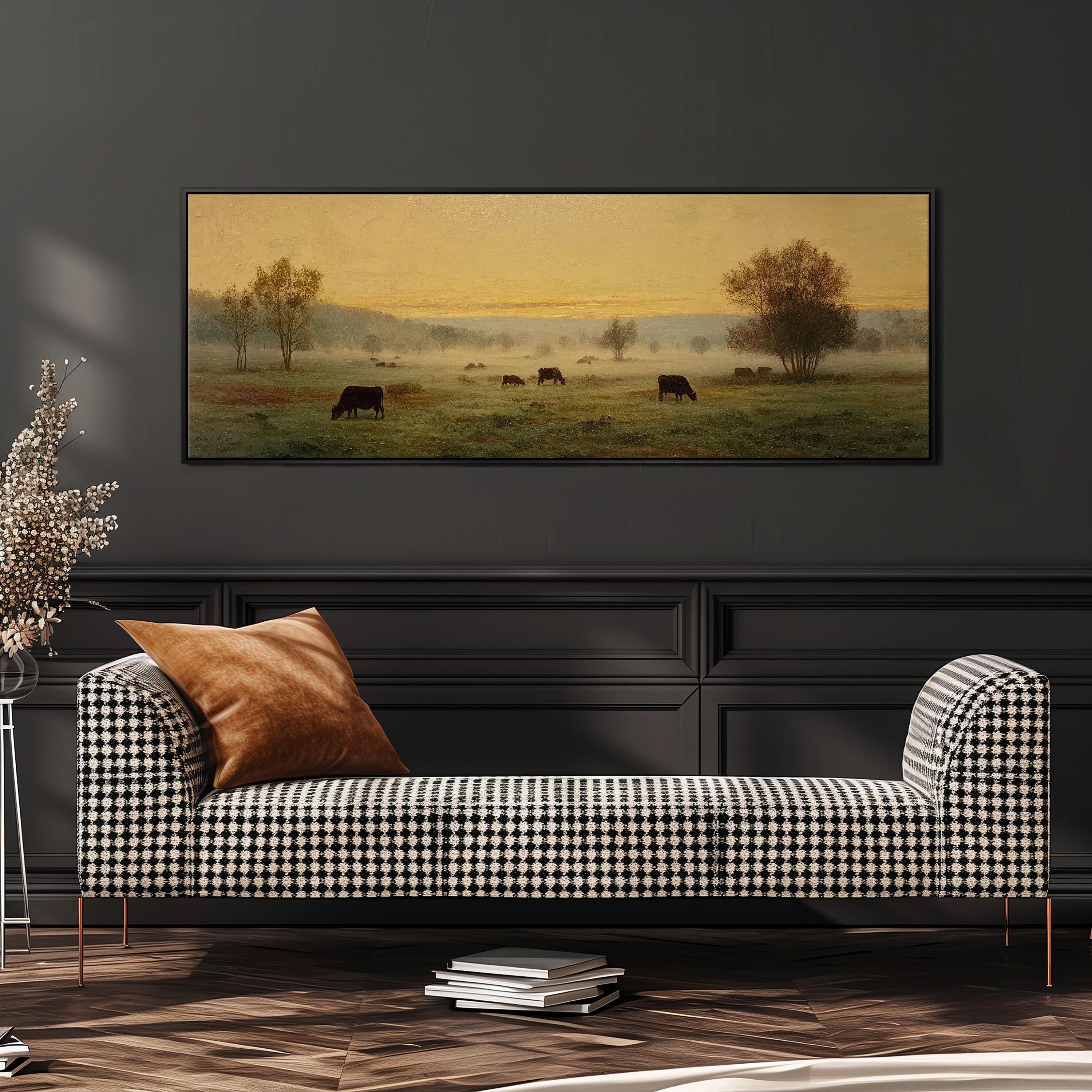 a large painting of a pastoral scene with cows grazing in a field, hanging on a wall above a black and white checkered sofa.