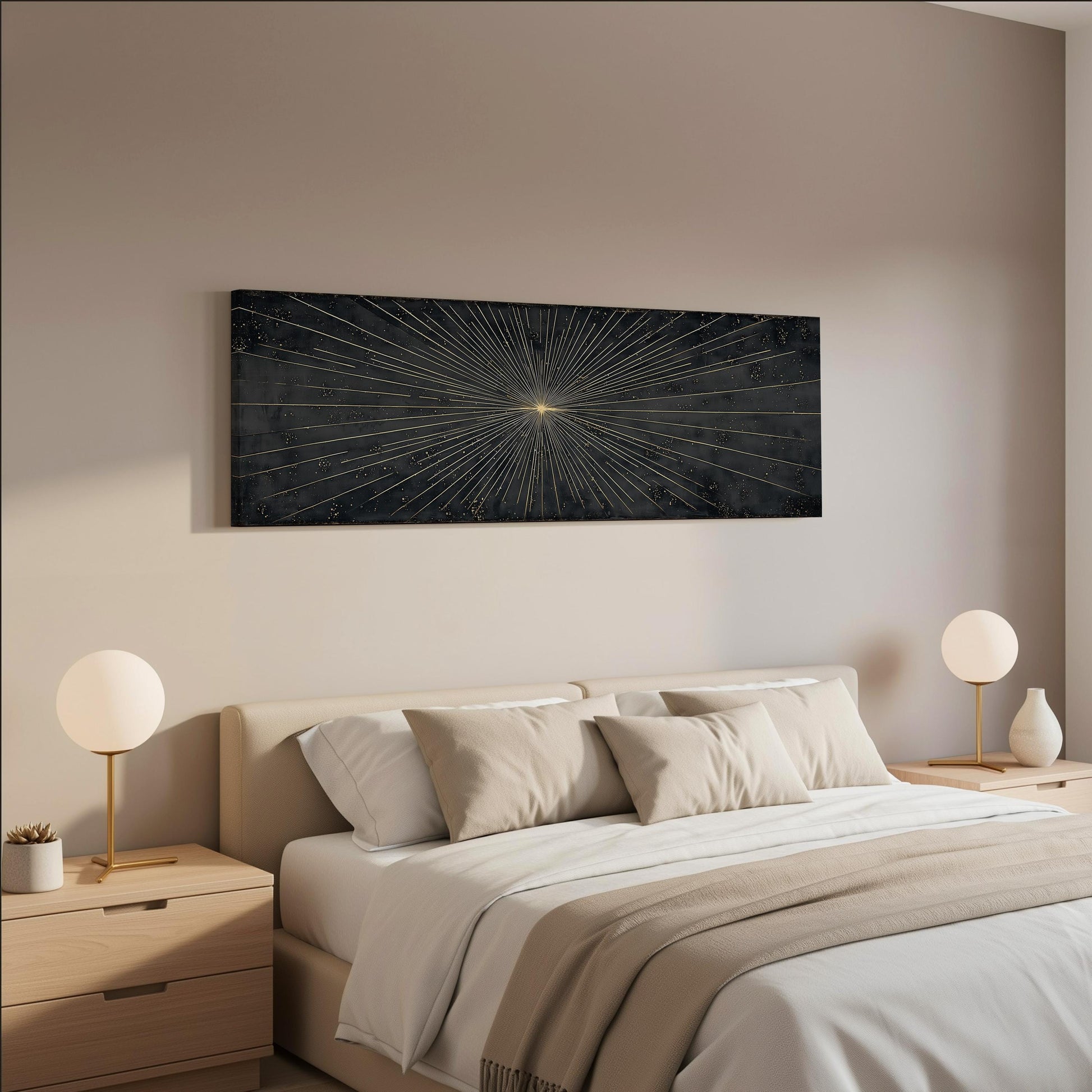 a modern bedroom with a large bed, two nightstands with lamps, and a large abstract artwork hanging on the wall above the bed.