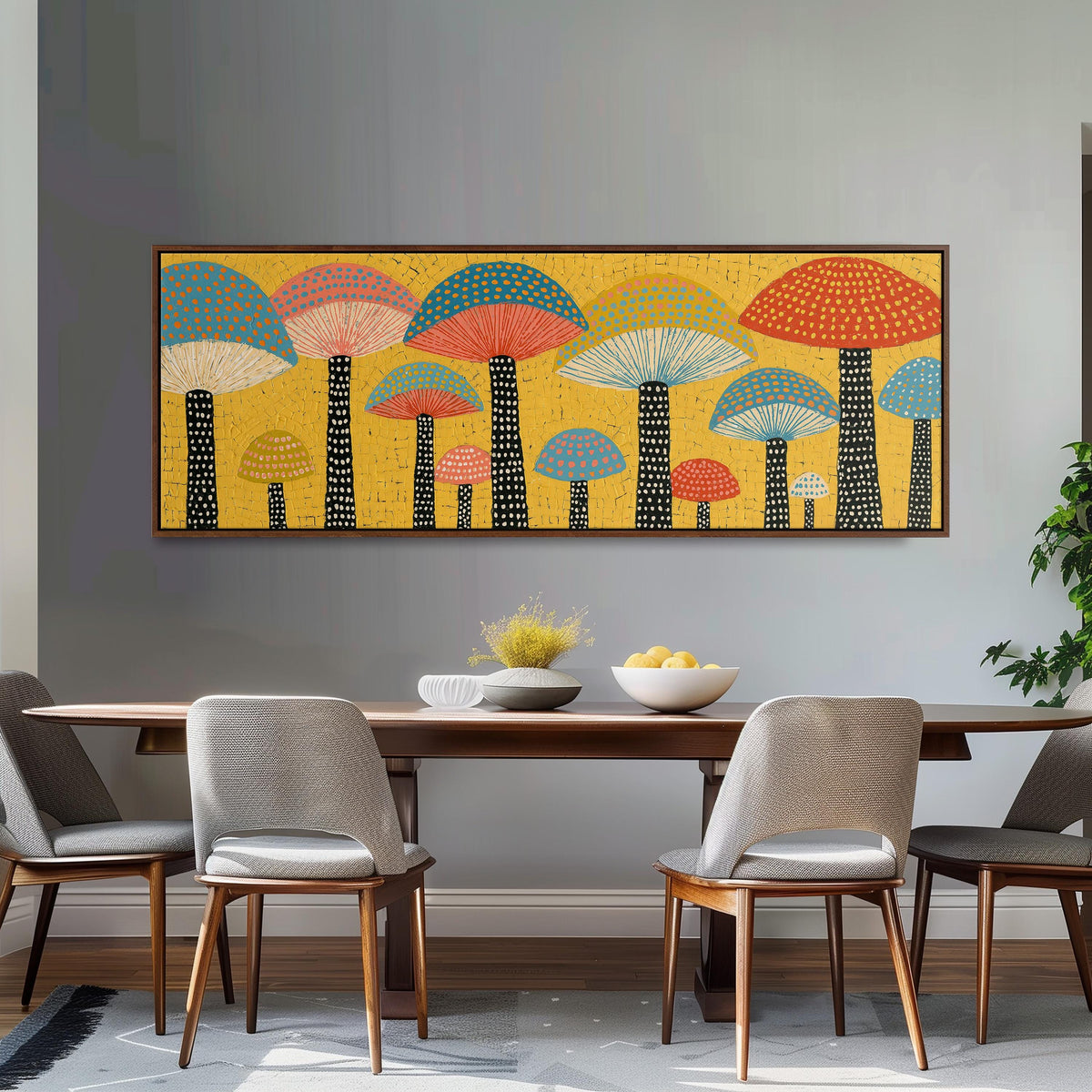 Golden mushroom parade long horizontal canvas print above a dining table