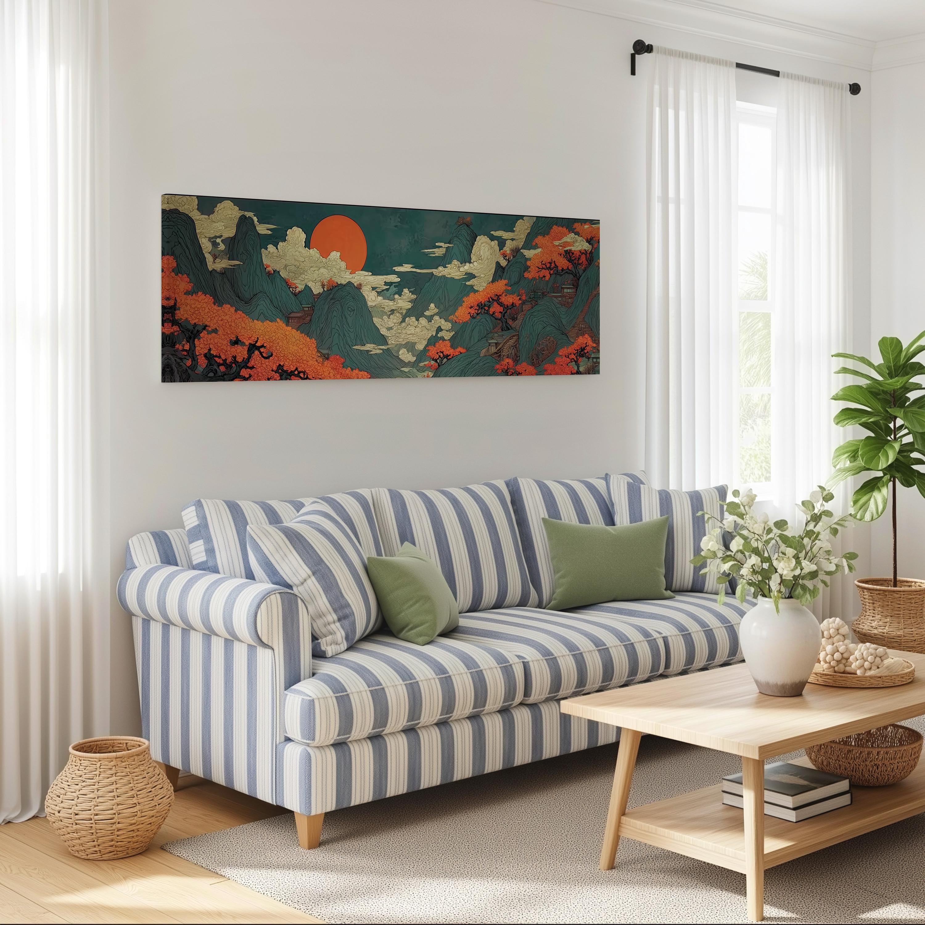 a cozy living room with a striped blue and white sofa, a wooden coffee table, and a large wall art piece depicting a serene landscape with mountains, clouds, and a red sun.