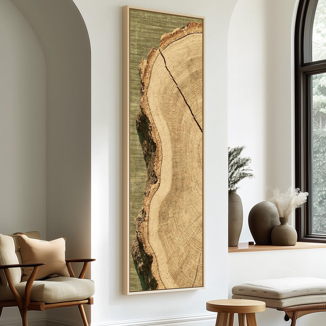 Weathered tree ring slice long vertical canvas print in a sunlit living space