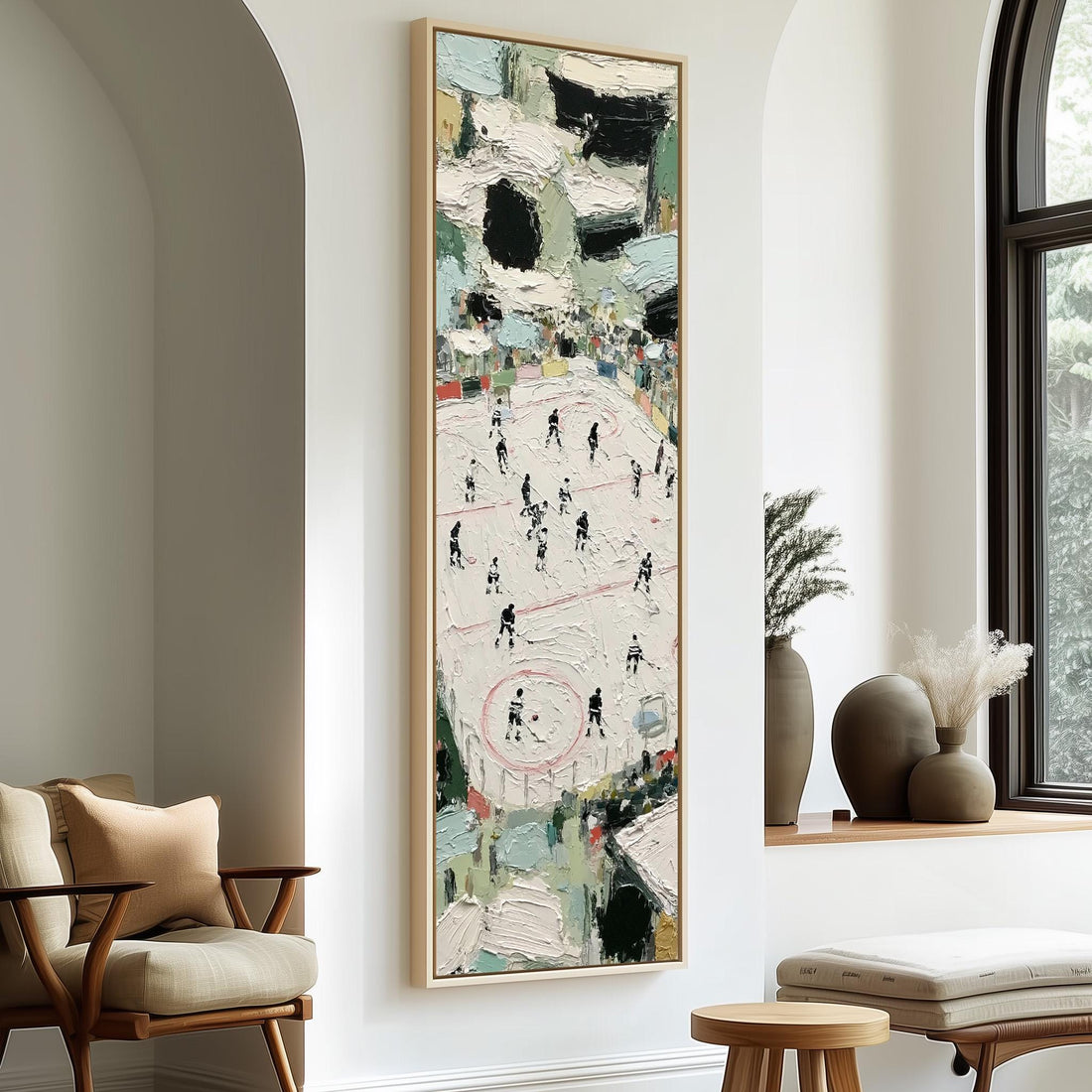 Ice hockey game seen from above long vertical canvas print in a sunlit living space