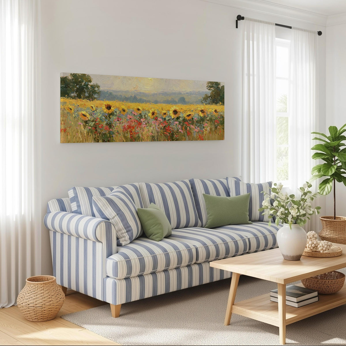 Sunflower and poppy meadow long horizontal canvas print above a striped sofa in a coastal living room