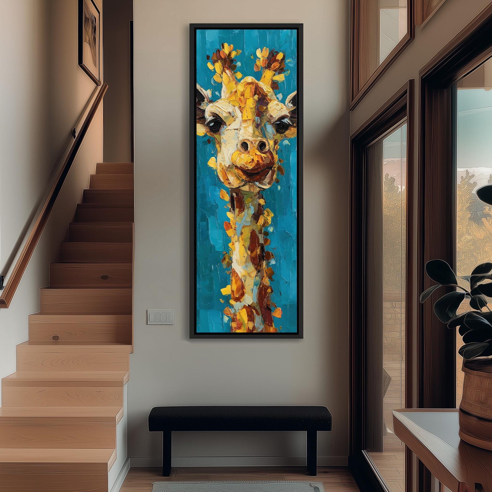 a large, colorful painting of a giraffe hanging on the wall of a hallway.