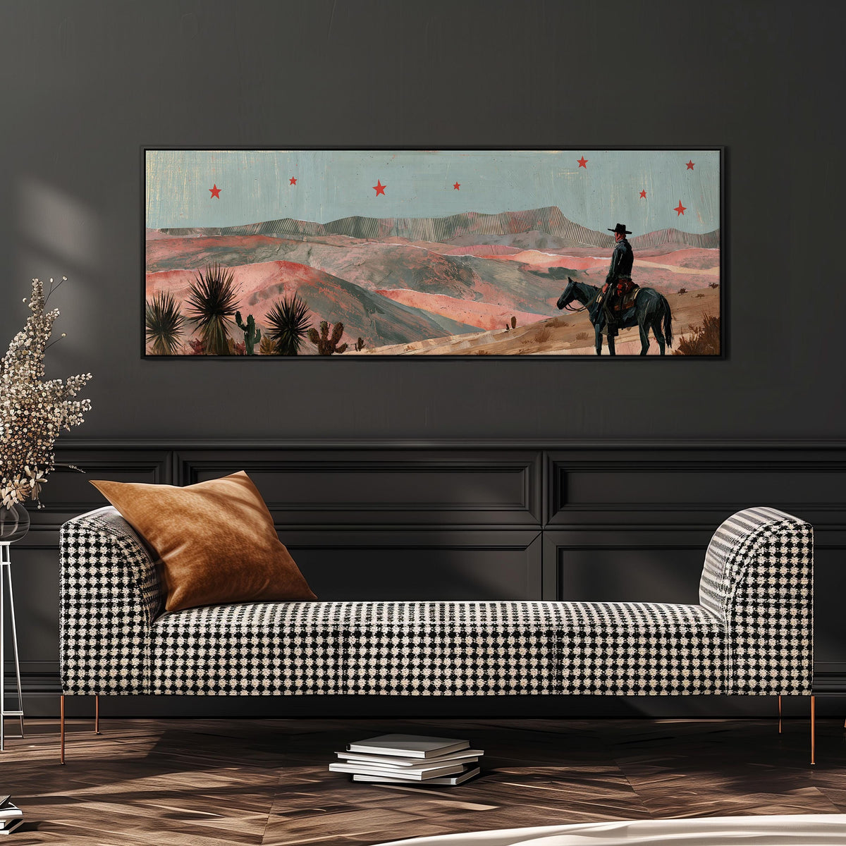 Desert cowboy under red stars wide panoramic canvas print above a bench in a dark living room