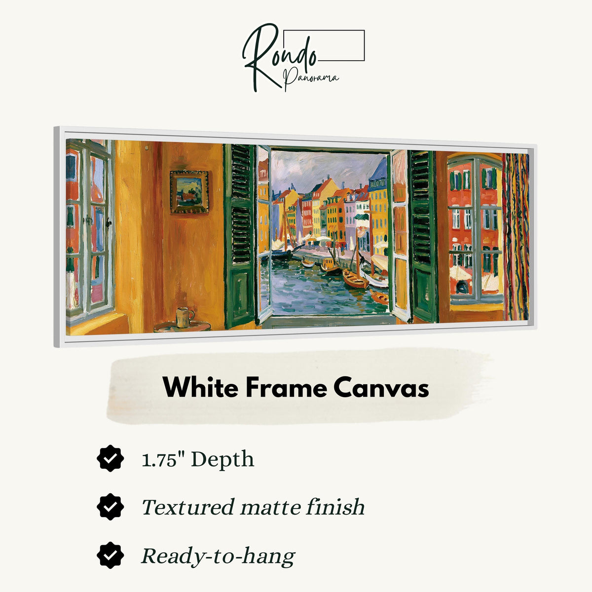 Copenhagen's colorful canal through a window canvas print in a white floating frame