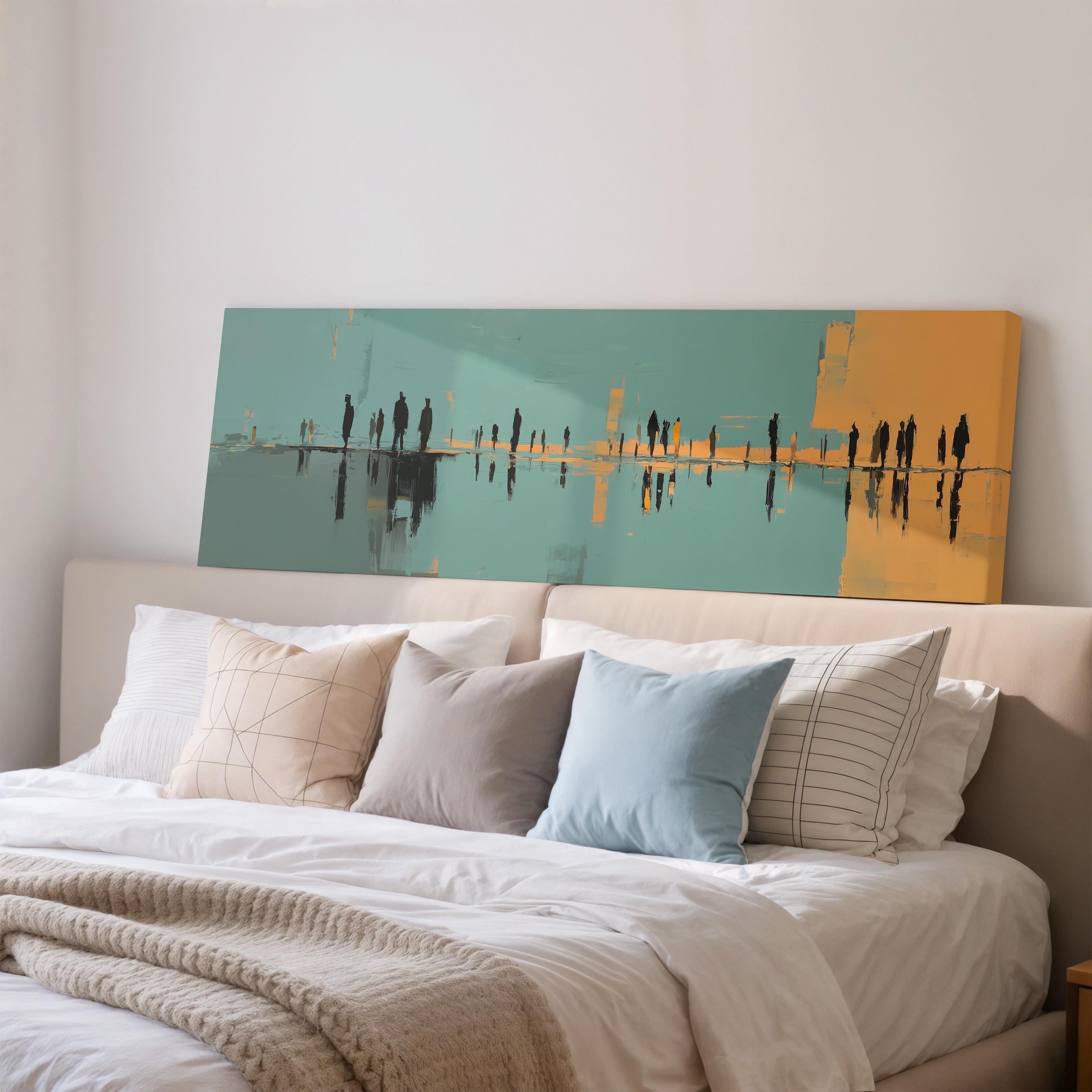a large painting of people on a wall above a bed with white pillows and a gray blanket.